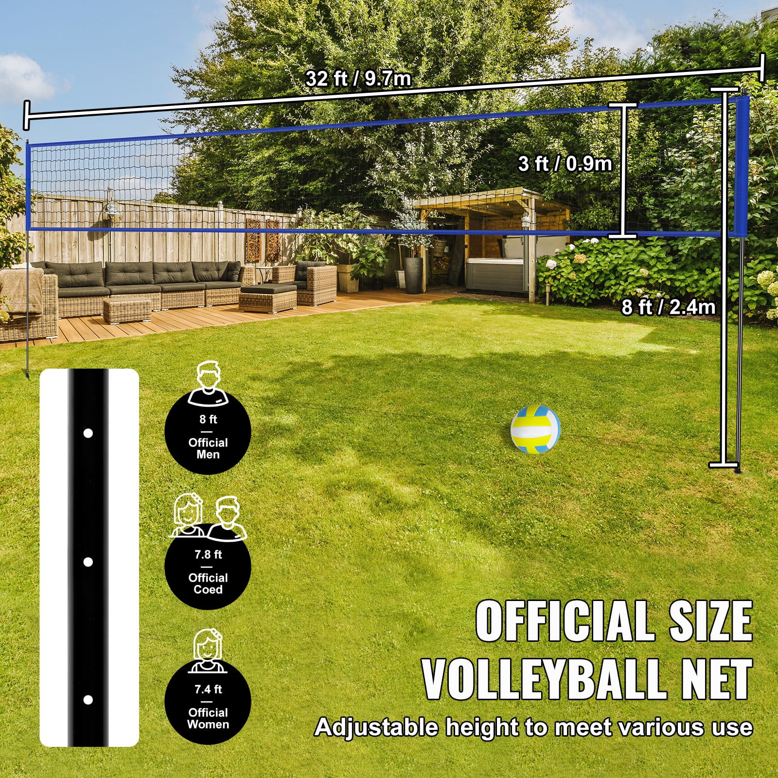 BENTISM 32ft x 3ft Portable Volleyball Net System Adjustable Height Poles with PVC Volleyball, Carrying Bag, Boundary Lines, Steel Poles & Pump for Outdoor Sports - Image 9