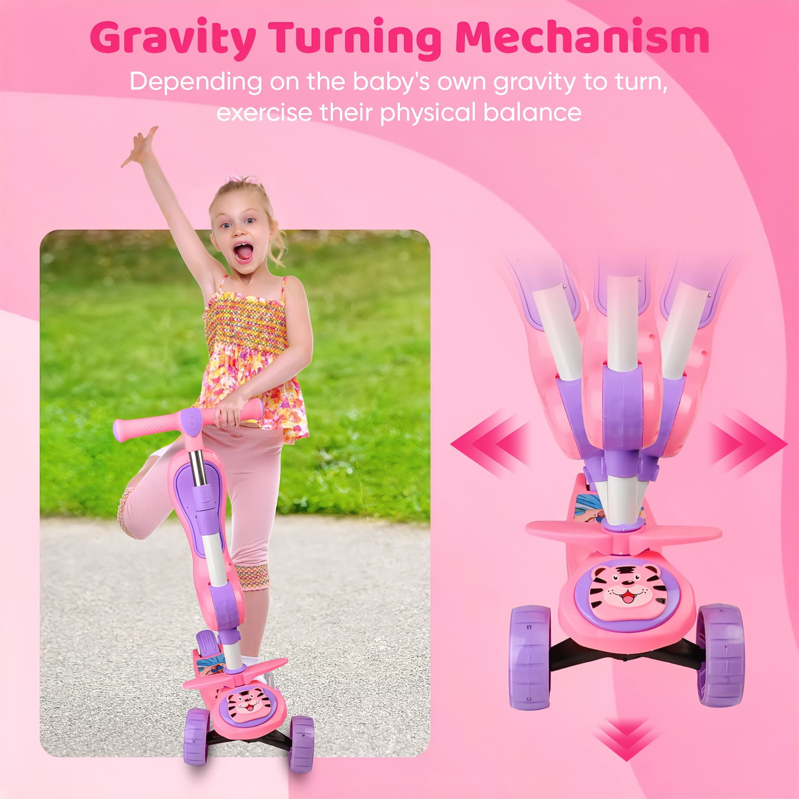 Beefunni Pink Sit-and-Scoot Scooter for Girls, Adjustable Handlebar Kick Scooter, Wide Anti-Slip Deck, LED Flashing Wheels, Rotatable Saddle, Ideal Birthday Christmas Gift for Kids 2-8 - Image 3