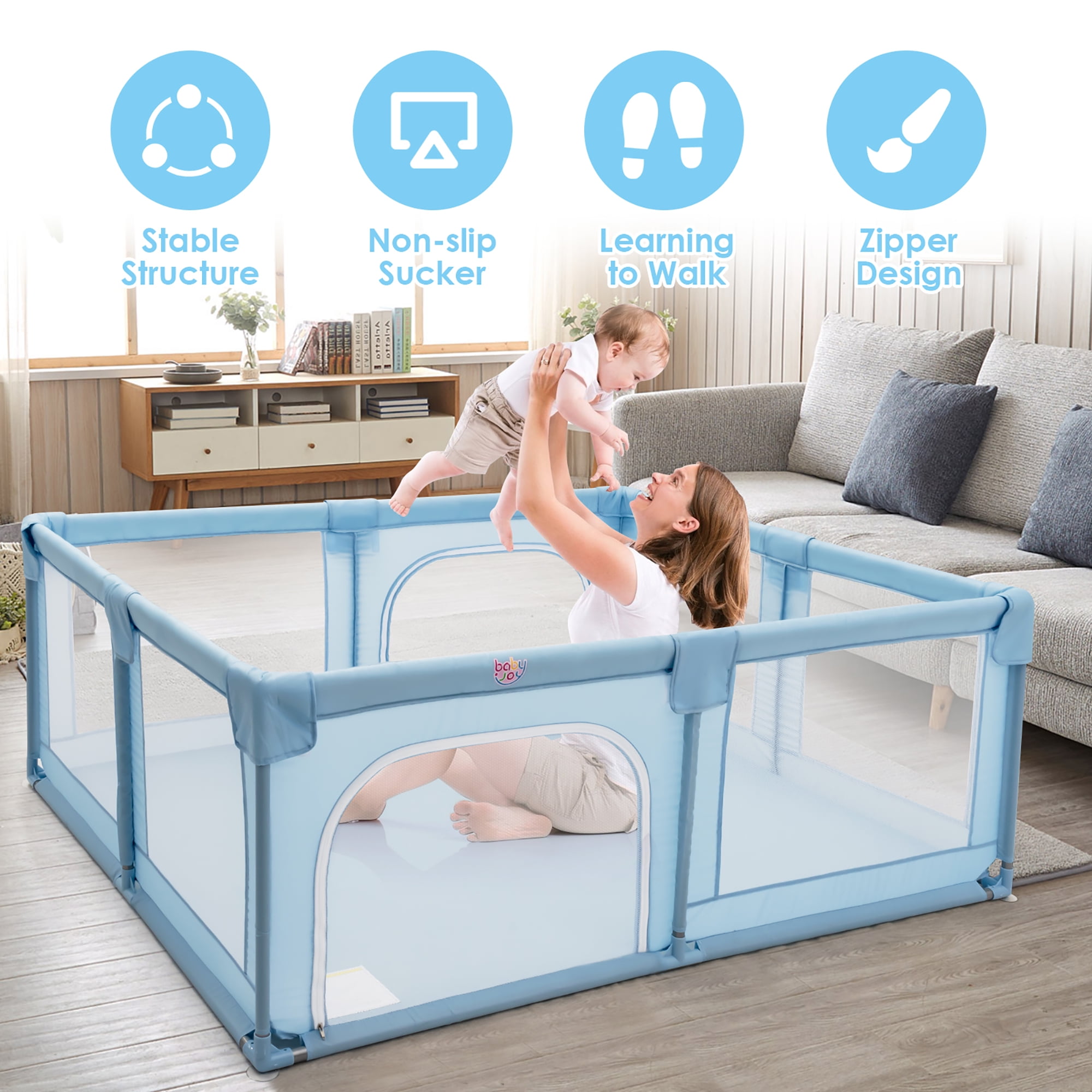 Costway Playpen Extra Large Unisex Kids Baby Activity Center Safety Play Yard with Gate Blue - Image 9