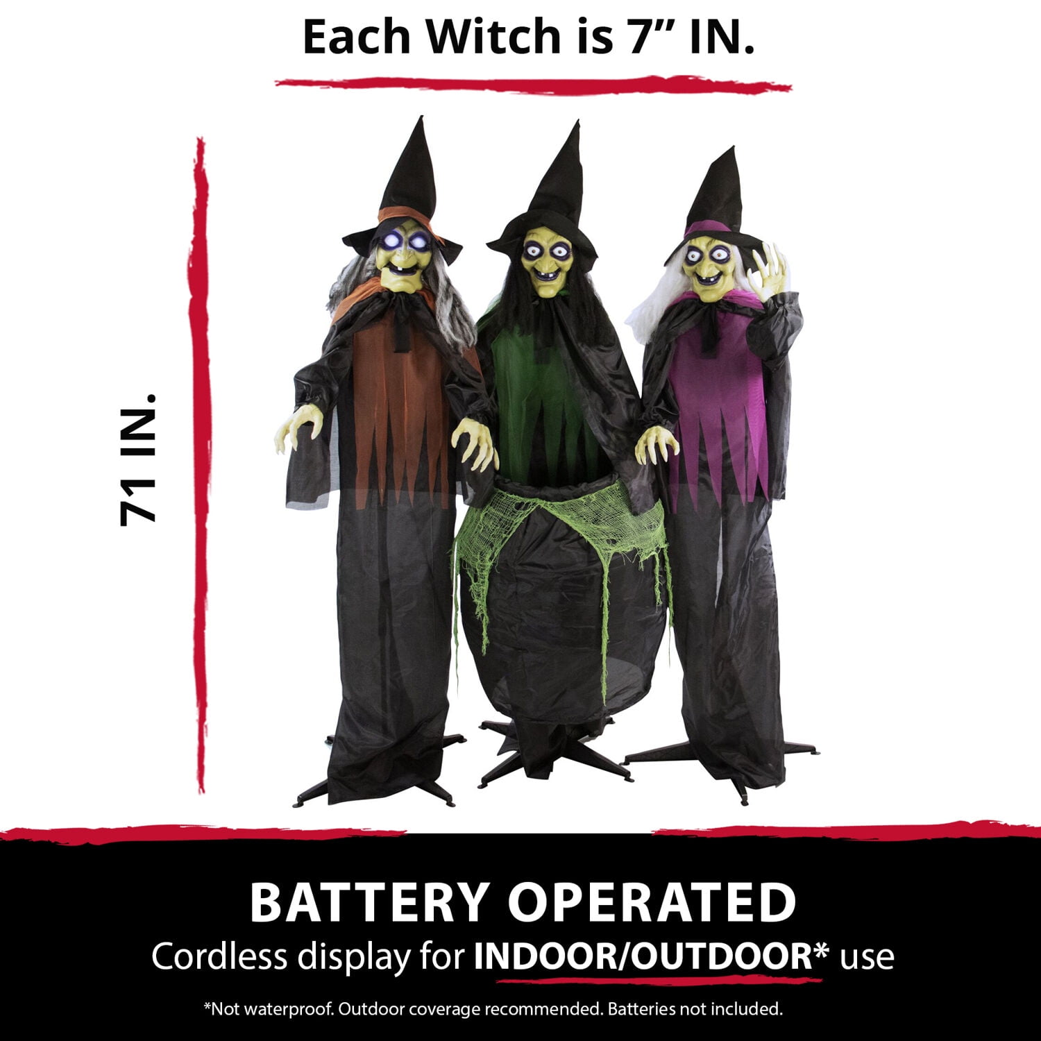 Haunted Hill Farm 5.7 ft Animatronic 3 Witches with Cauldron, Indoor/Covered Outdoor Halloween Decoration with Light-up Eyes, HHWITCH-15FLS - Image 8