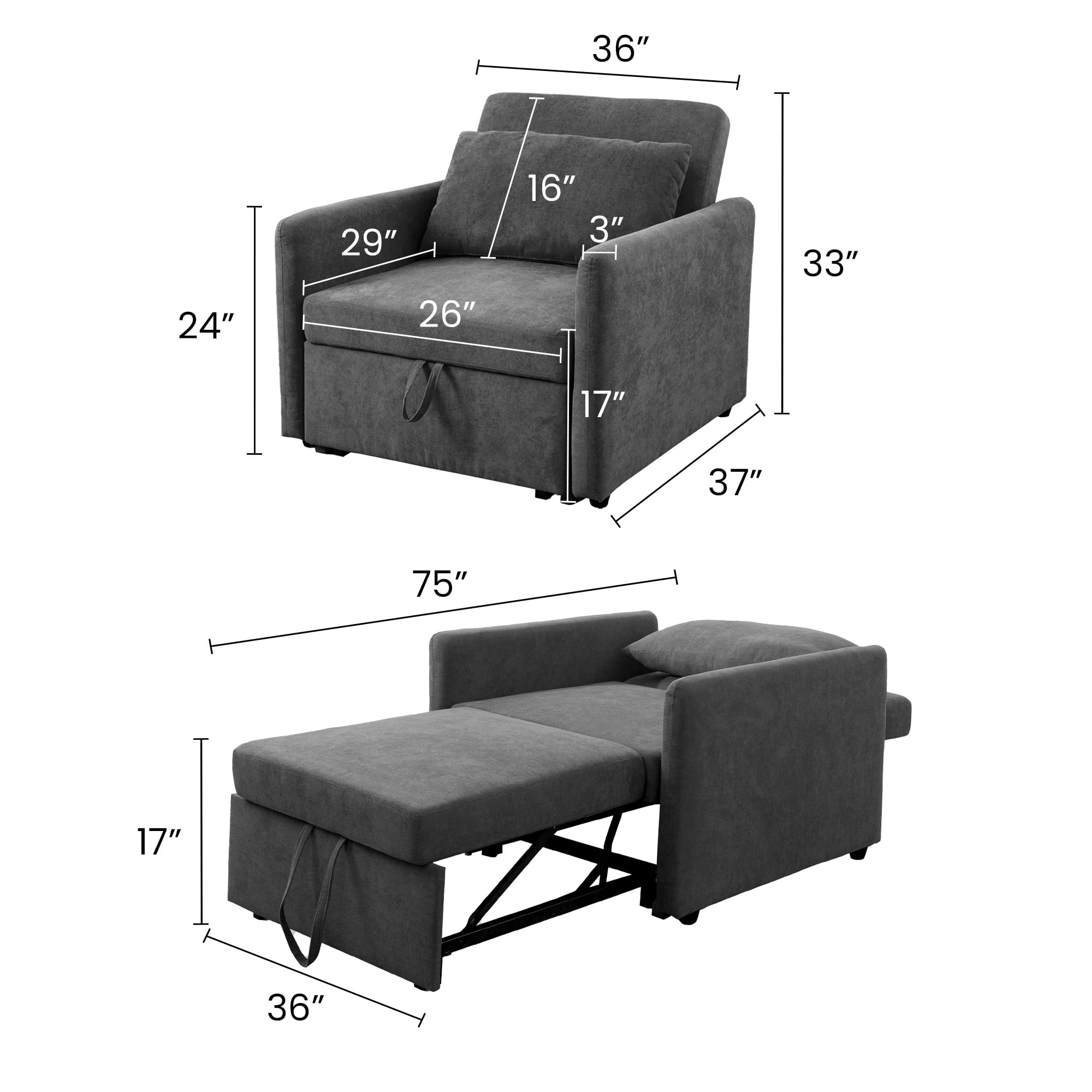 Aukfa 36" Chaise Futon Convertible Sofa Bed, Pull Out Sleeper Chair Bed for Home Office, Lint, Gray - Image 8