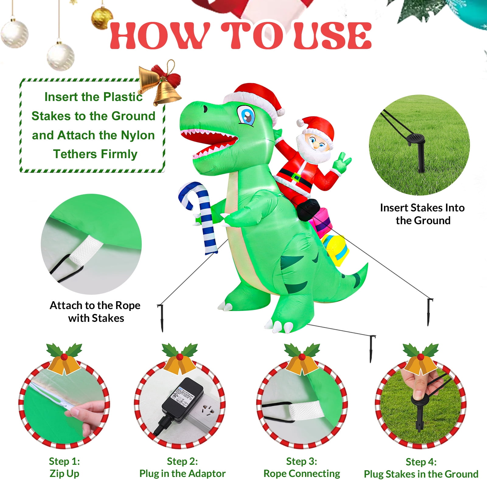 HEQUSIGNS Christmas Inflatable Santa Dinosaur Decoration, 7 FT Giant Blow Up LED Light Up Inflate Santa Dinosaurs Decor for Christmas Indoor Outdoor Yard Garden Party Decorations - Image 3