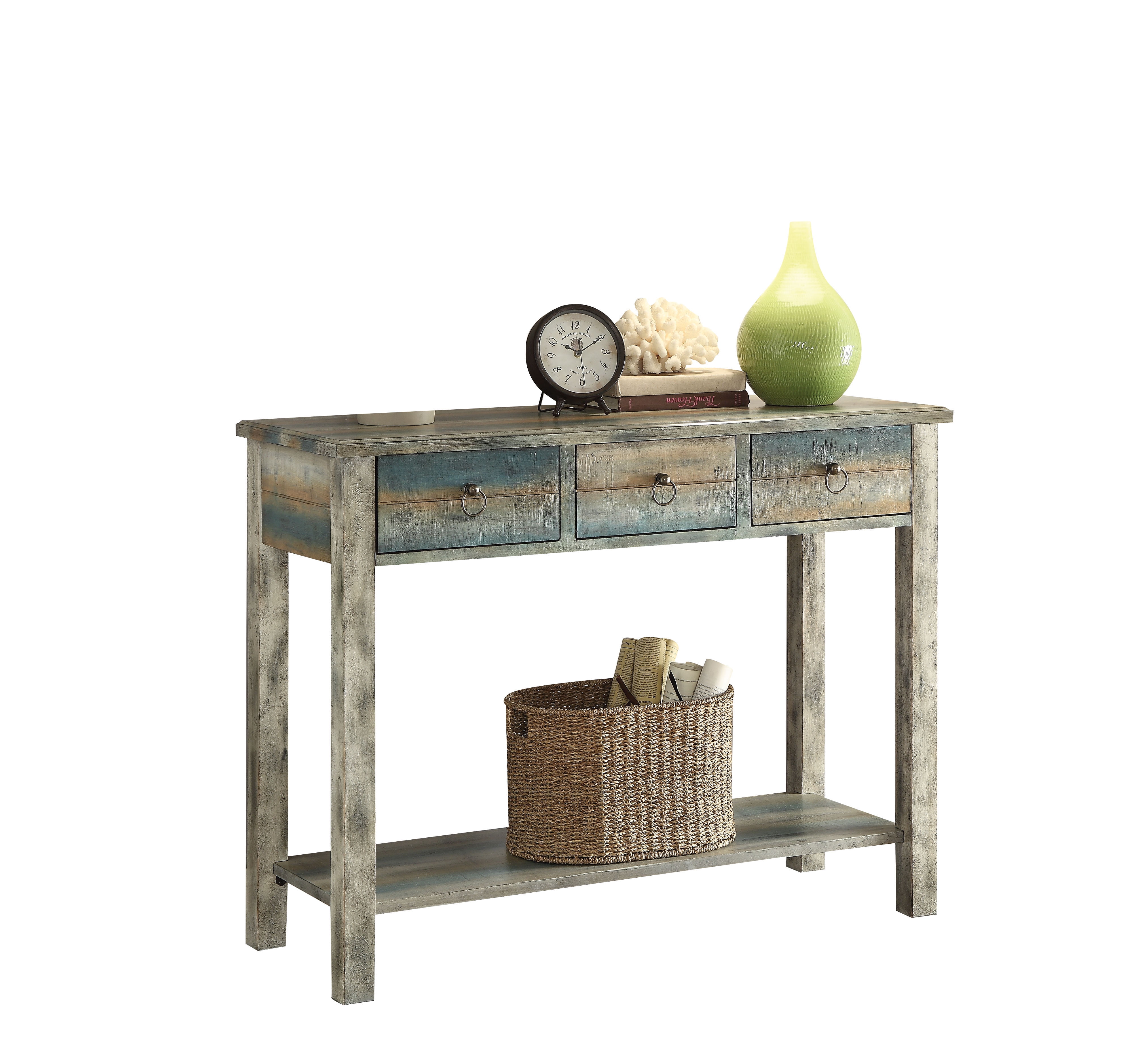 ACME Glancio Rectangular Console Table in Antique Gray and Teal - Image 6