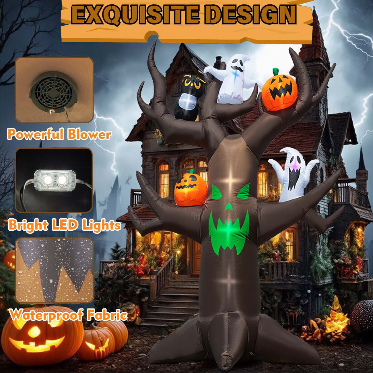 Husfou 9ft Halloween Inflatable Tree Decoration with pumpkin, Ghost, Owl, Blow up Yard Inflatables with Built-in LEDs for Garden Lawn Indoor Party Decor - Image 4