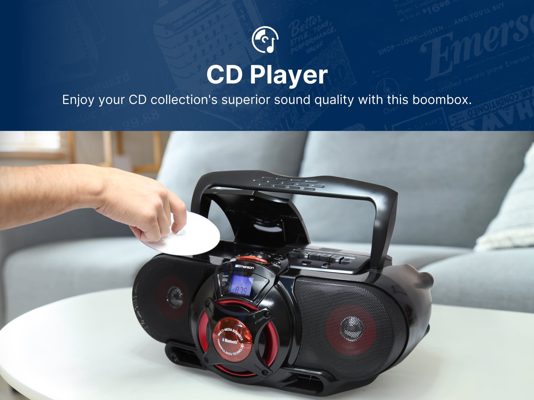 Emerson EPB-3002 Portable Bluetooth, MP3/CD AM/FM Stereo Radio Cassette Player/Recorder with Subwoofer and USB Input Boombox, Black - Image 10