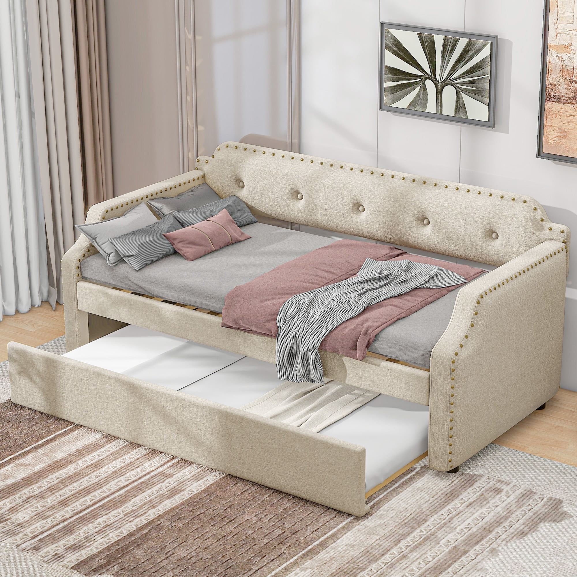 Euroco Twin Upholstered Daybed Linen Tufted Sofa Bed with Trundle, Solid Wood Frame for Bedroom, Blue - Image 3