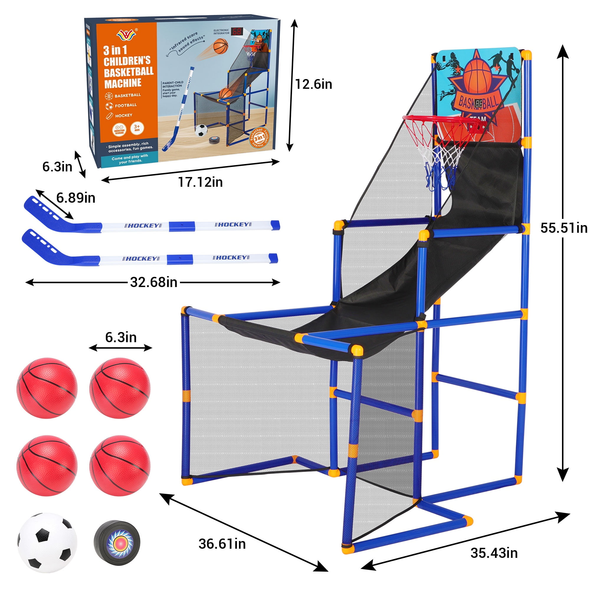 3 in-1 Kids Arcade Basketball Game & Hockey & Soccer, With 4 Basketball Balls, Football, Hockey, Hockey Stick, Pump, Electronic Scoreboard Sound for Toddlers, Basketball Goal for Kids Boys Girls - Image 7