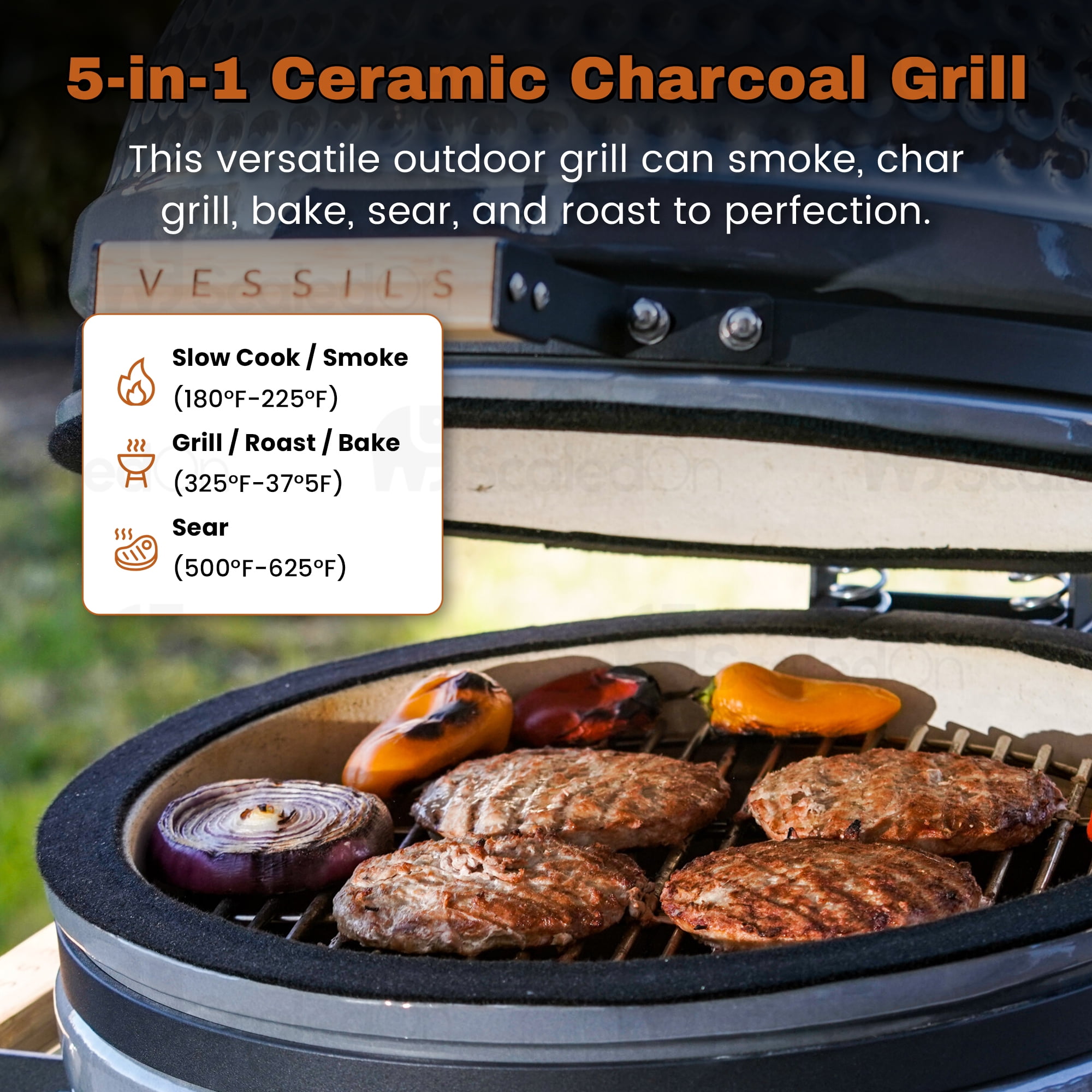 VESSILS Ceramic Charcoal Kamado Grill - Tabletop 5-in-1 Charcoal BBQ Smoker - 12.6" Stainless Steel Grid - Egg Shaped Ceramic Outdoor Heavy Duty Char Broil Barbecue Grill for Smoking, Grilling, Baking - Image 6
