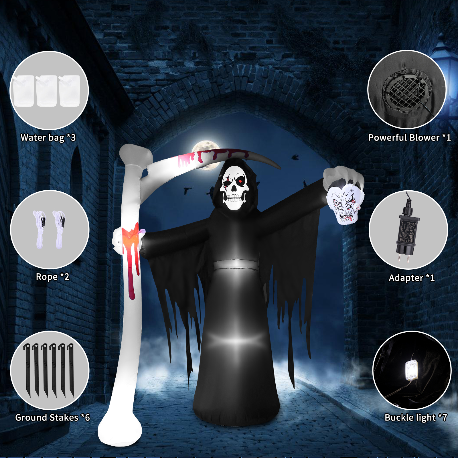 Bilivry 9ft Tall Giant Scary Halloween Inflatable Grim Reaper with Scythe, Blow up Reaper with Build-in LEDs for Halloween Outdoor Decorations, Yard Lawn Garden Holiday Party Decoration - Image 3