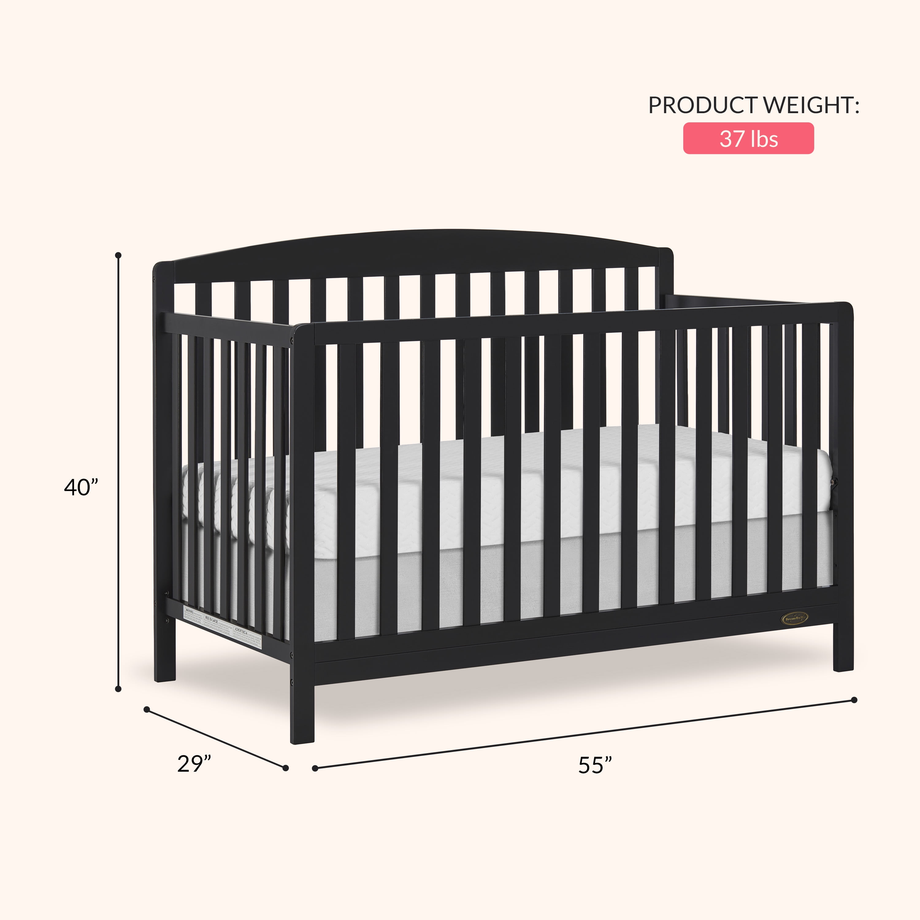 Dream On Me Odelle 5-in-1 Convertible Crib, Converts from Baby Crib to Toddler Bed, Day Bed, Kids Bed and Full Size Bed, Three Adjustable Mattress Height Positions, Matt Black - Image 5