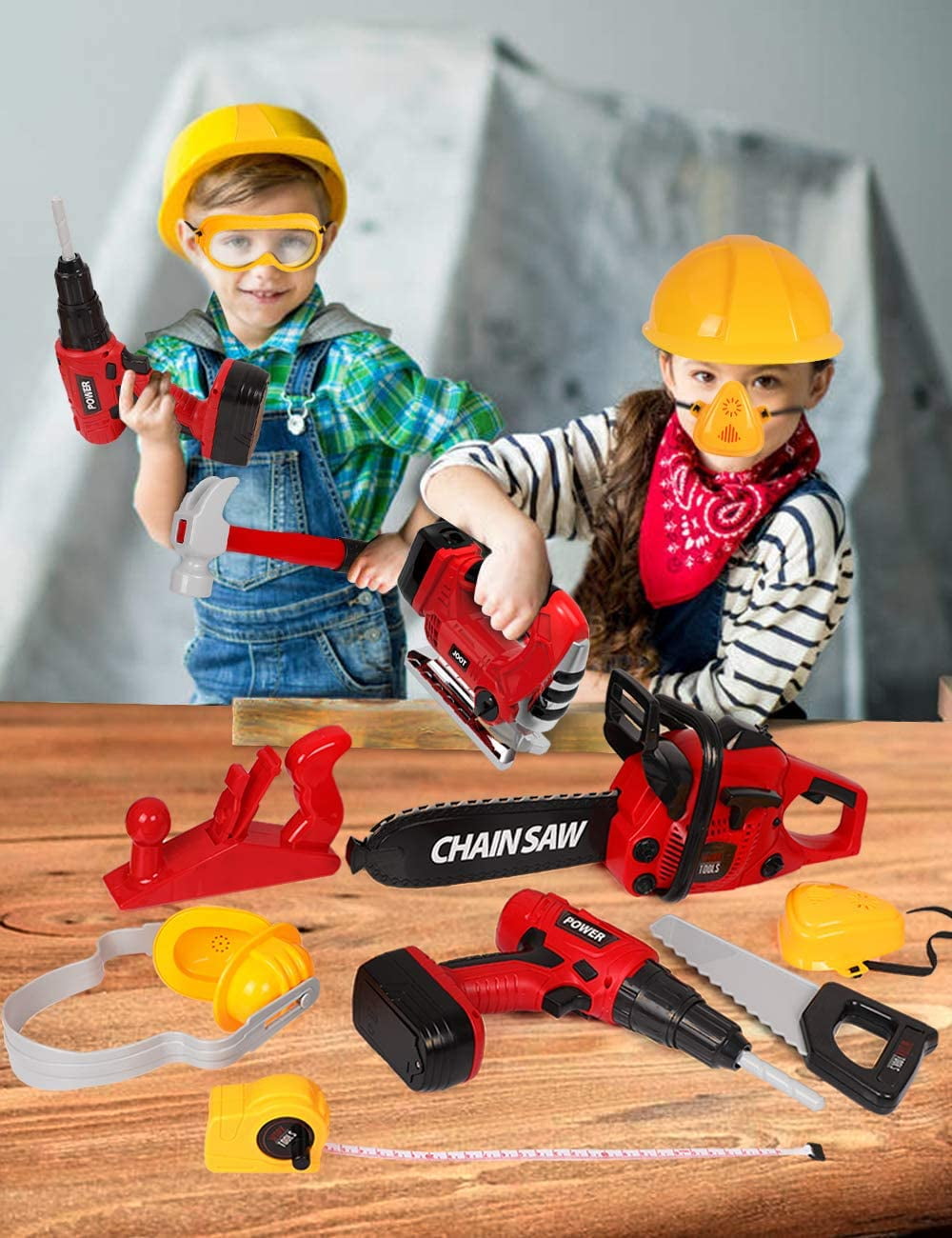 Exercise N Play Kids Power Tool Play Set W/ Electric Toy Drill Chainsaw Jigsaw Toy - Image 8