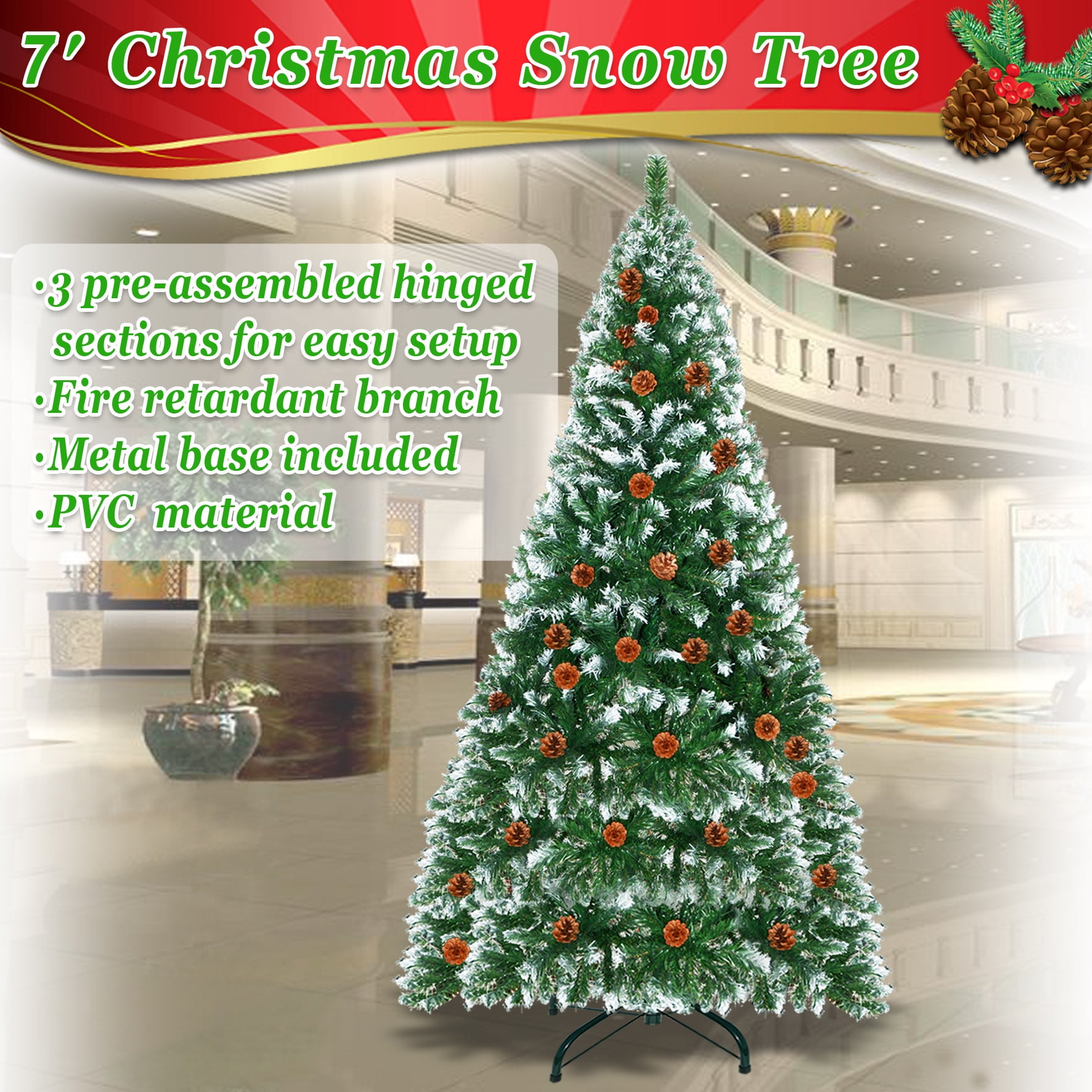 Sunny Snow Tipped Christmas Tree with Pine Cones and Steel Stand -Unlit (7' with 1003 Tips and 39 pinecones) - Image 9