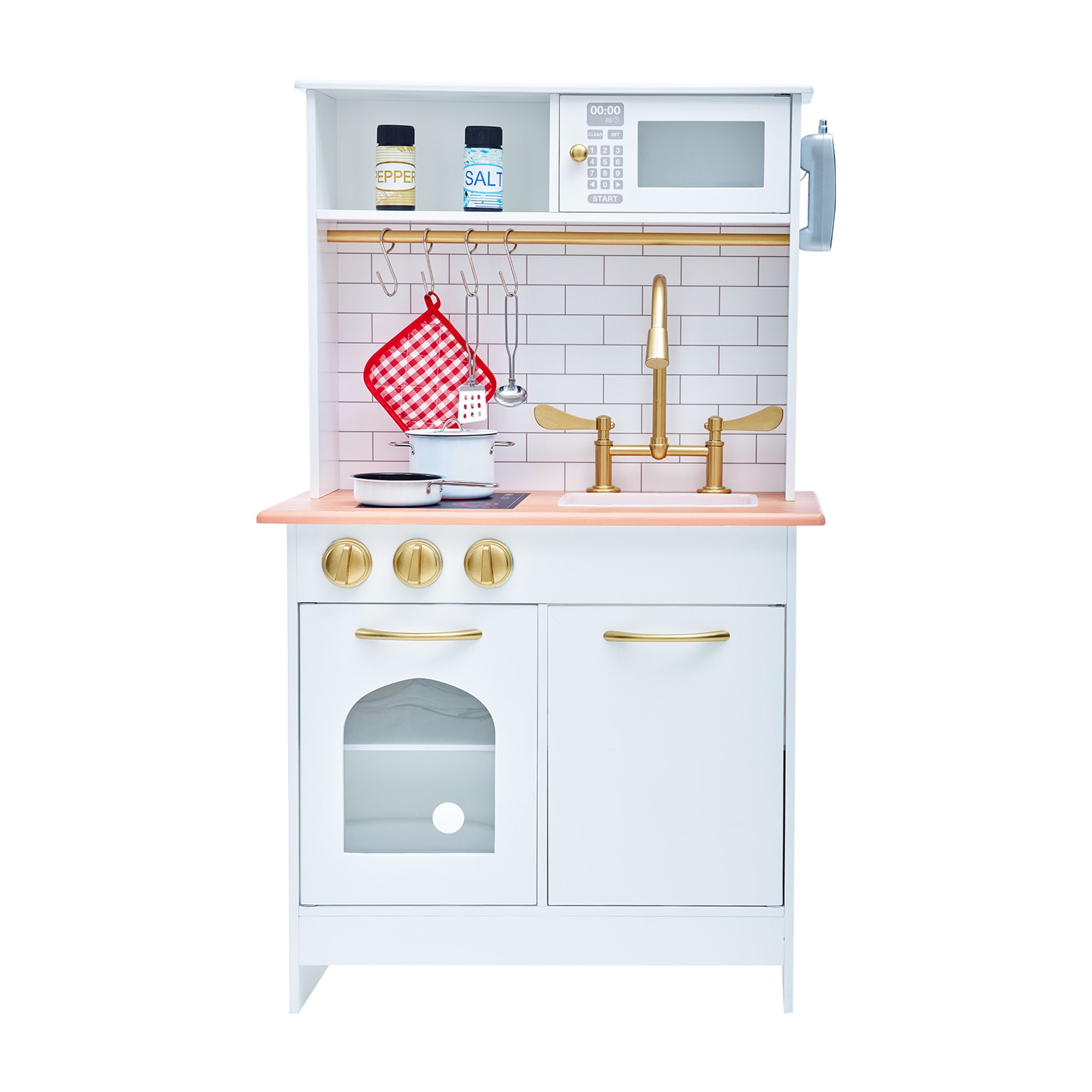 Teamson Kids Little Chef Boston Wooden Play Kitchen, 9 Pcs Acc Set, Oven, ,Sink, Interactive Features, White/Gold - Image 12