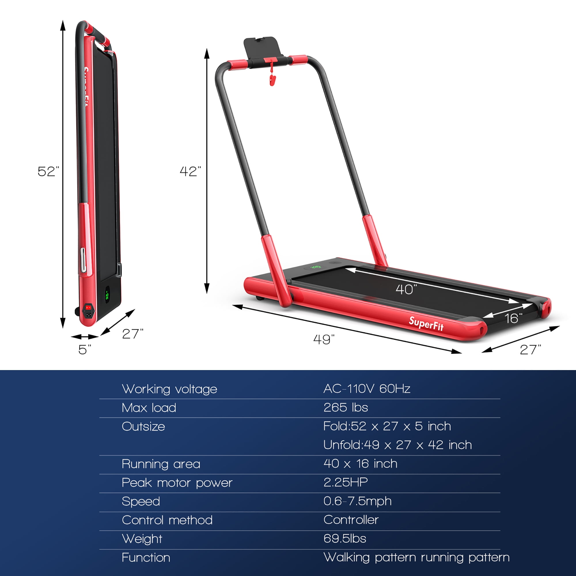 Superfit Up To 7.5MPH 2.25HP 2 in 1 Folding Under Desk Treadmill W/ Speaker Remote Control APP, Single Display Screen Red - Image 4