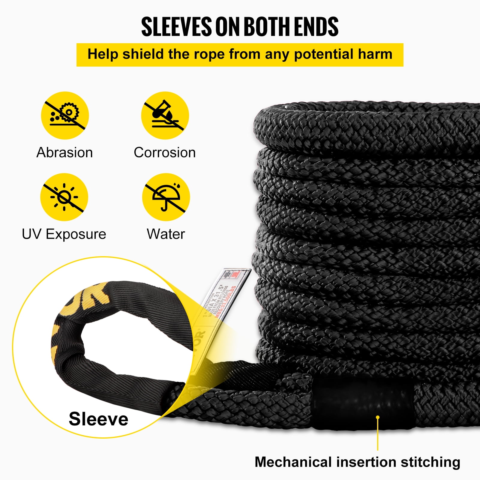 VEVOR 1" x 31.5' Recovery Tow Rope, 33,500 lbs, Heavy Duty Nylon Double Braided Kinetic Energy Rope w/ Loops and Protective Sleeves, for Truck Off-Road Vehicle ATV UTV, Carry Bag Included, Black - Image 6