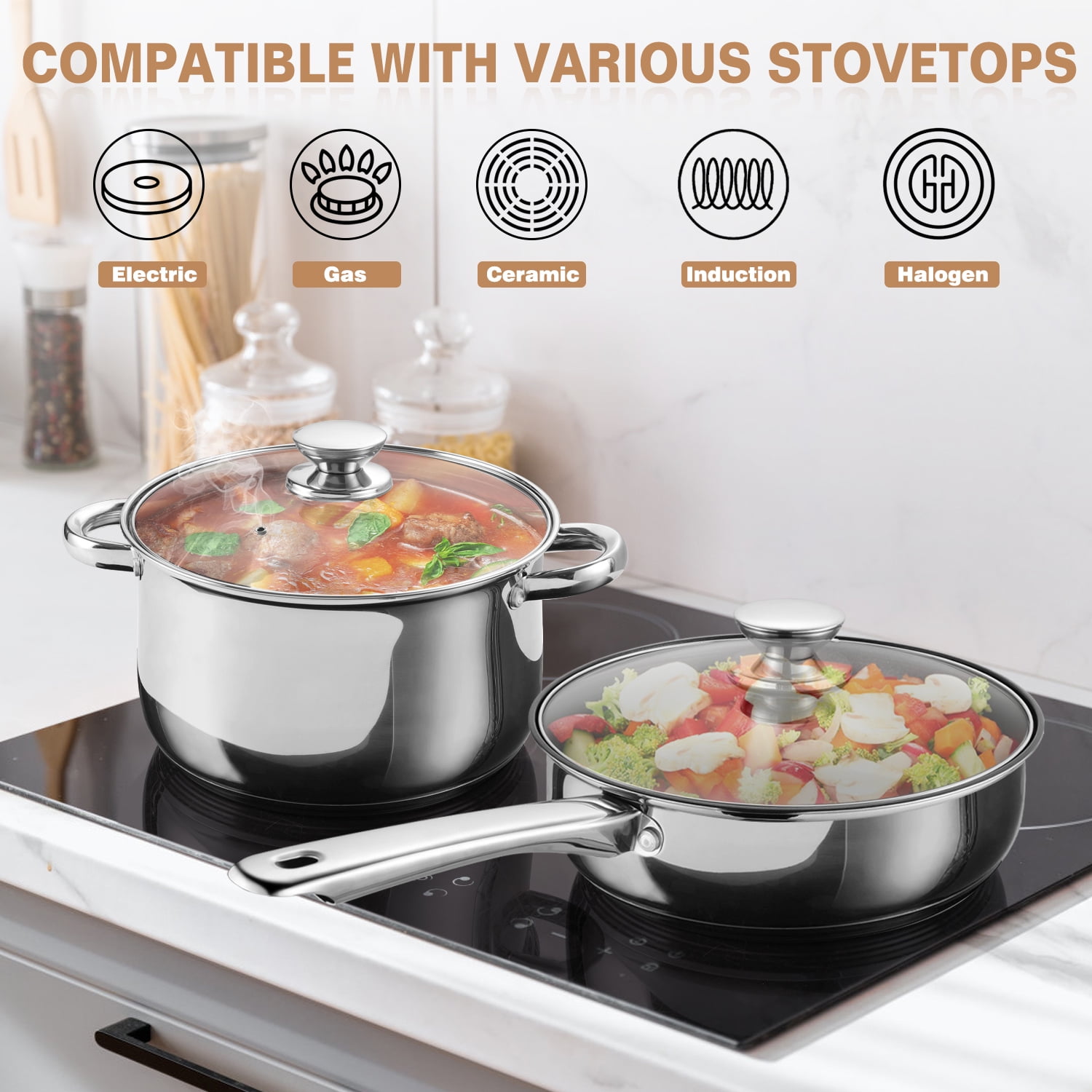 Walchoice 13-Piece Stainless Steel Cookware Set, Kitchen Pots and Pans Set with Glass Lid for Cooking, Induction & Dishwasher Safe, Silver - Image 7