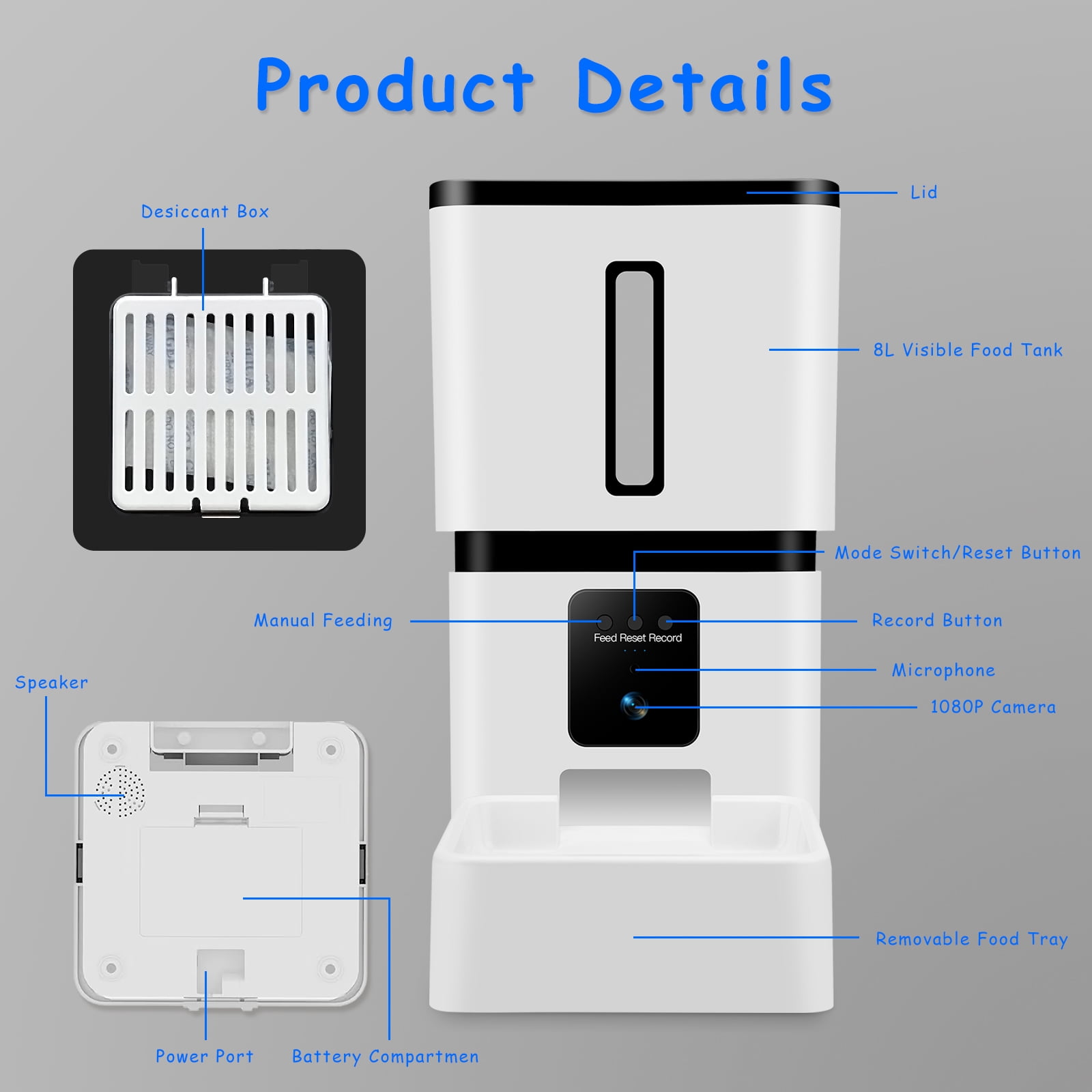Tovendor Automatic Pet Feeder with 1080P Camera, 8L Large Food Dispenser for pet and dog, 5G WiFi Connect 2-Way Audio APP Control Pet Timer Feeder - Image 6