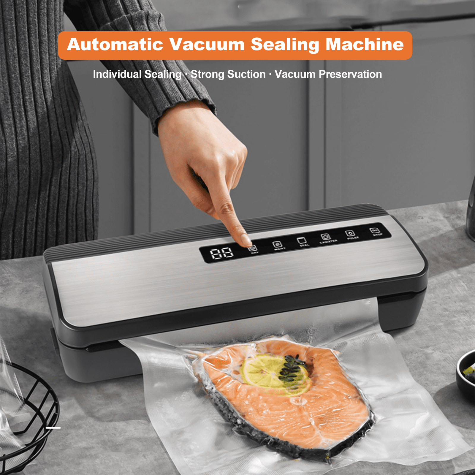 Vacuum Sealer, Food Vacuum Sealer Machine, 80kPA Compact Food Preservation System for Sous Vide and Food Storage, with Cutter, Vacuum Hose Attachment Jars, 1 Bag Rolls, 20 Sealer Bags - Image 8
