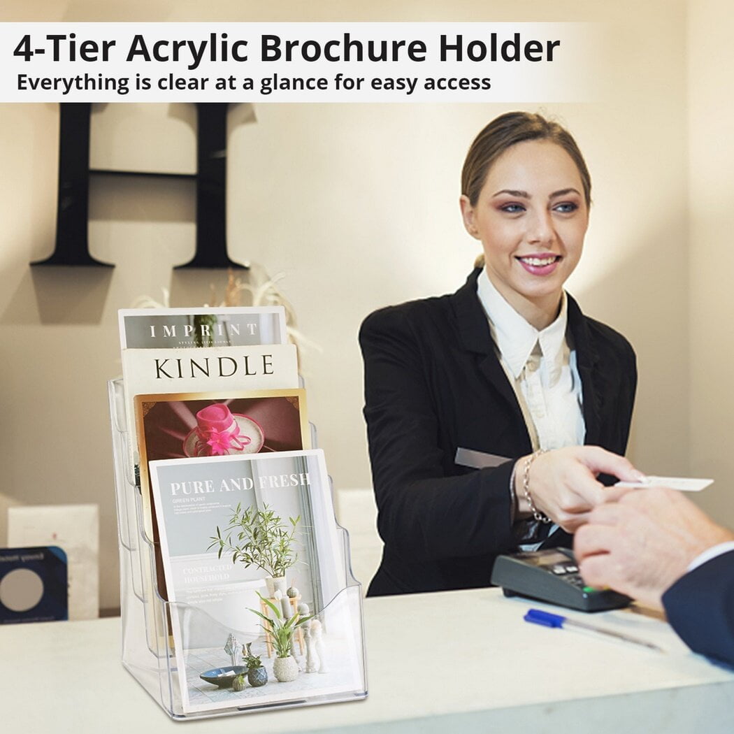 Brochure Holder, 4-Tier Clear Acrylic Brochure Display Rack Stand, Literature Organizers Pamphlet Holder for Home Office Wall Mount Countertop , 2 Peices - Image 7
