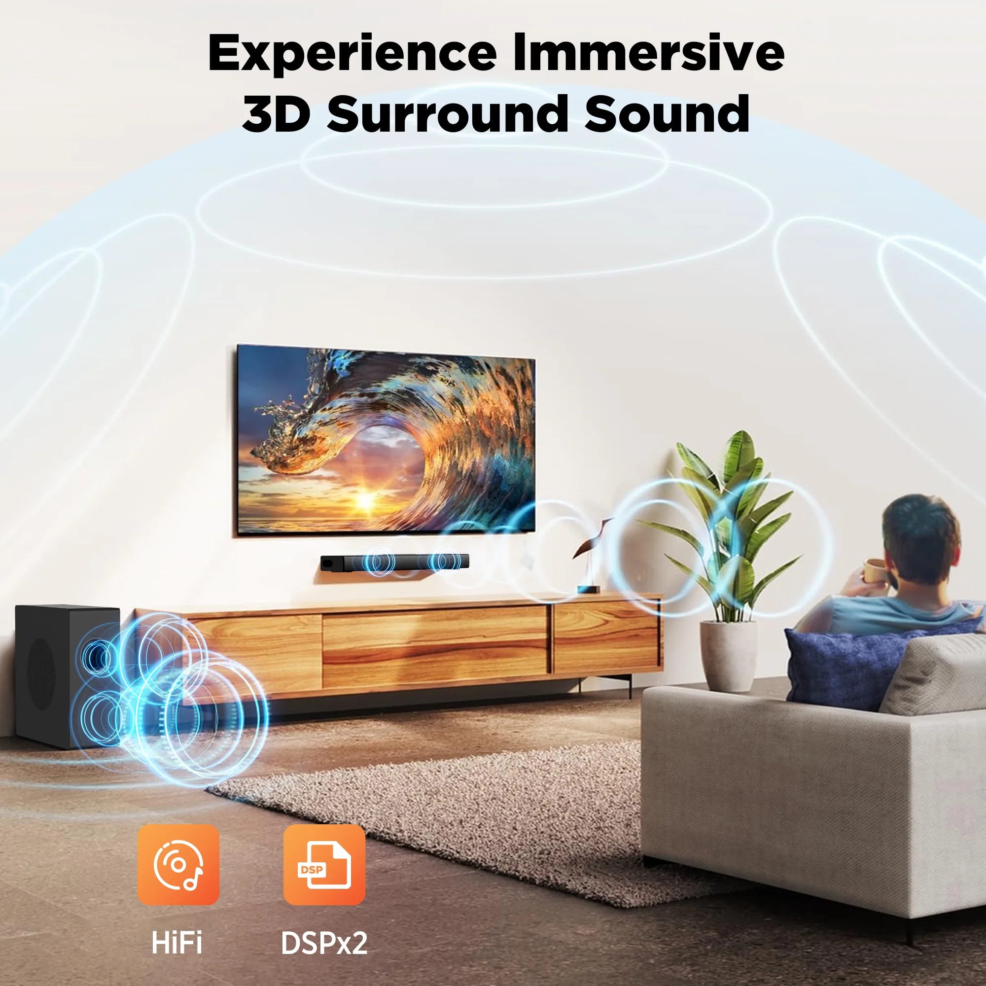 VEAT00L 2.1ch Sound Bars for Smart TV with Subwoofer, 160W Surround Sound Bluetooth Soundbar for TV,Wireless Bluetooth 3D Surround Sound Soundbar Deep Bass Adjustable Home Theater Surround System - Image 6