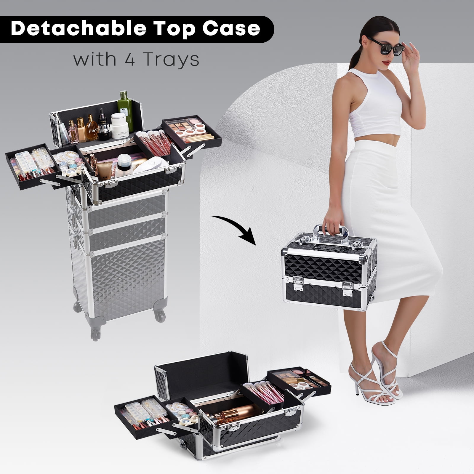 Velore Professional Rolling Makeup Case with Wheels 4 in 1 Aluminum Cosmetic Train Case Trolley Box Salon Barber Suitcase - Image 5