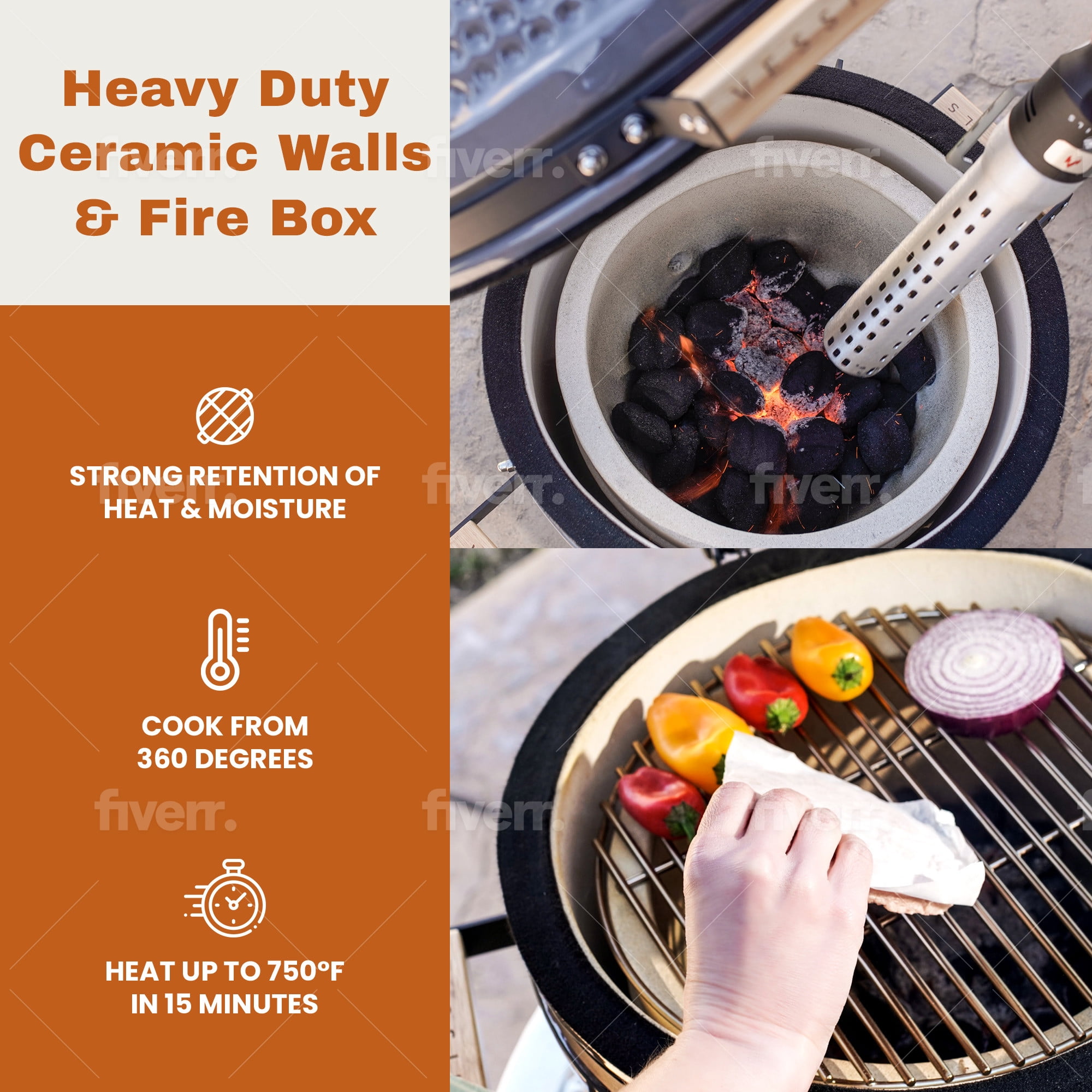 VESSILS Ceramic Charcoal Kamado Grill - Tabletop 5-in-1 Charcoal BBQ Smoker - 12.6" Stainless Steel Grid - Egg Shaped Ceramic Outdoor Heavy Duty Char Broil Barbecue Grill for Smoking, Grilling, Baking - Image 4