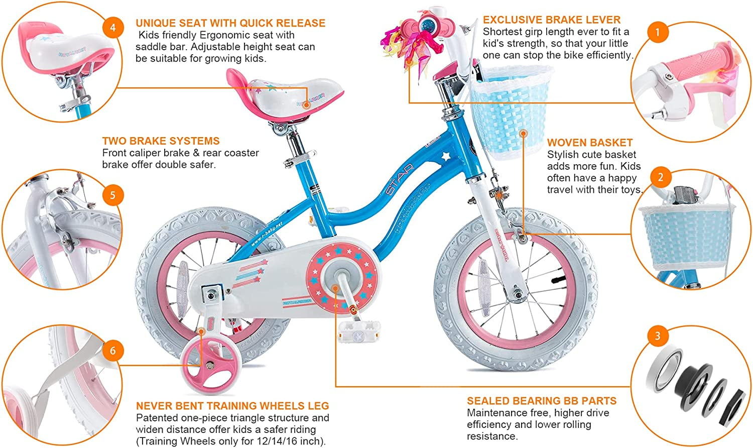 Royalbaby Girls Kids Bike Star girl 14 In Bicycle Basket Training Wheels Blue Child's Cycle - Image 6