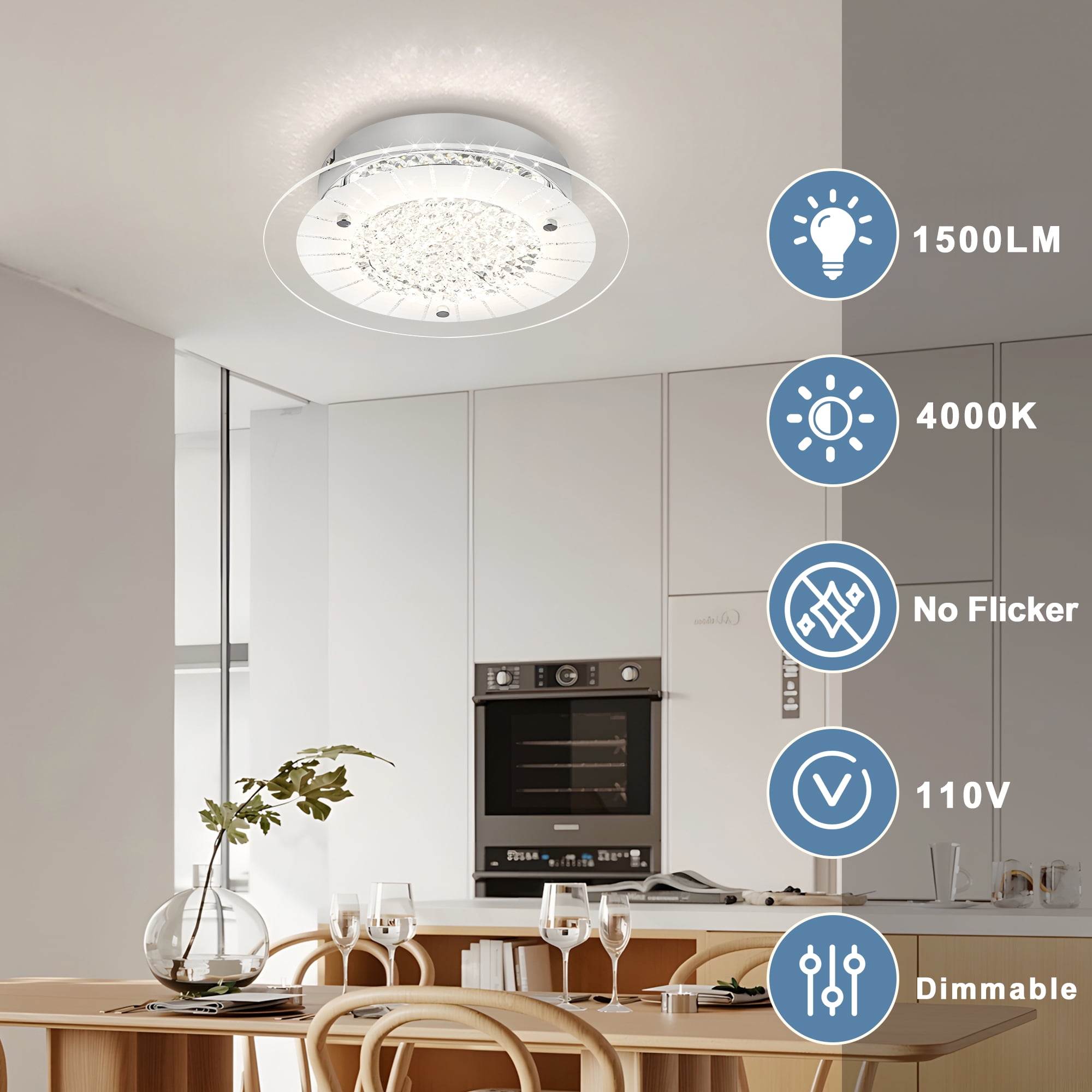 Auffel Crystal Flush Mount Ceiling Light Dimmable 4000K Daylight Kitchen Lighting Fixtures Ceiling LED for Bedroom Hallway 11inch Nickel Glass Round 12W - Image 9