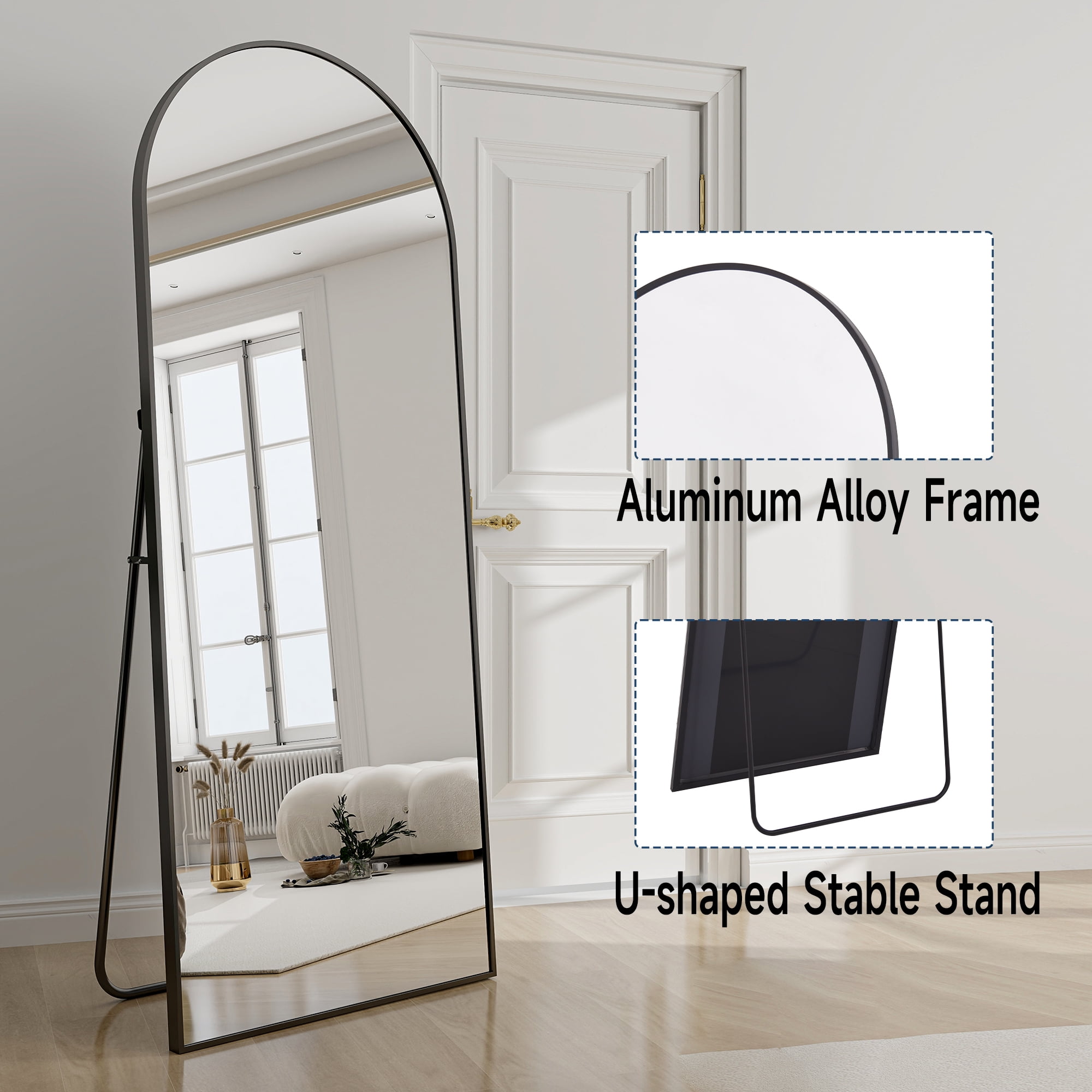 Anyrose 24"x65" Full Length Mirror with Arch-Top Standing Mirror Wall Mounted, Black - Image 7