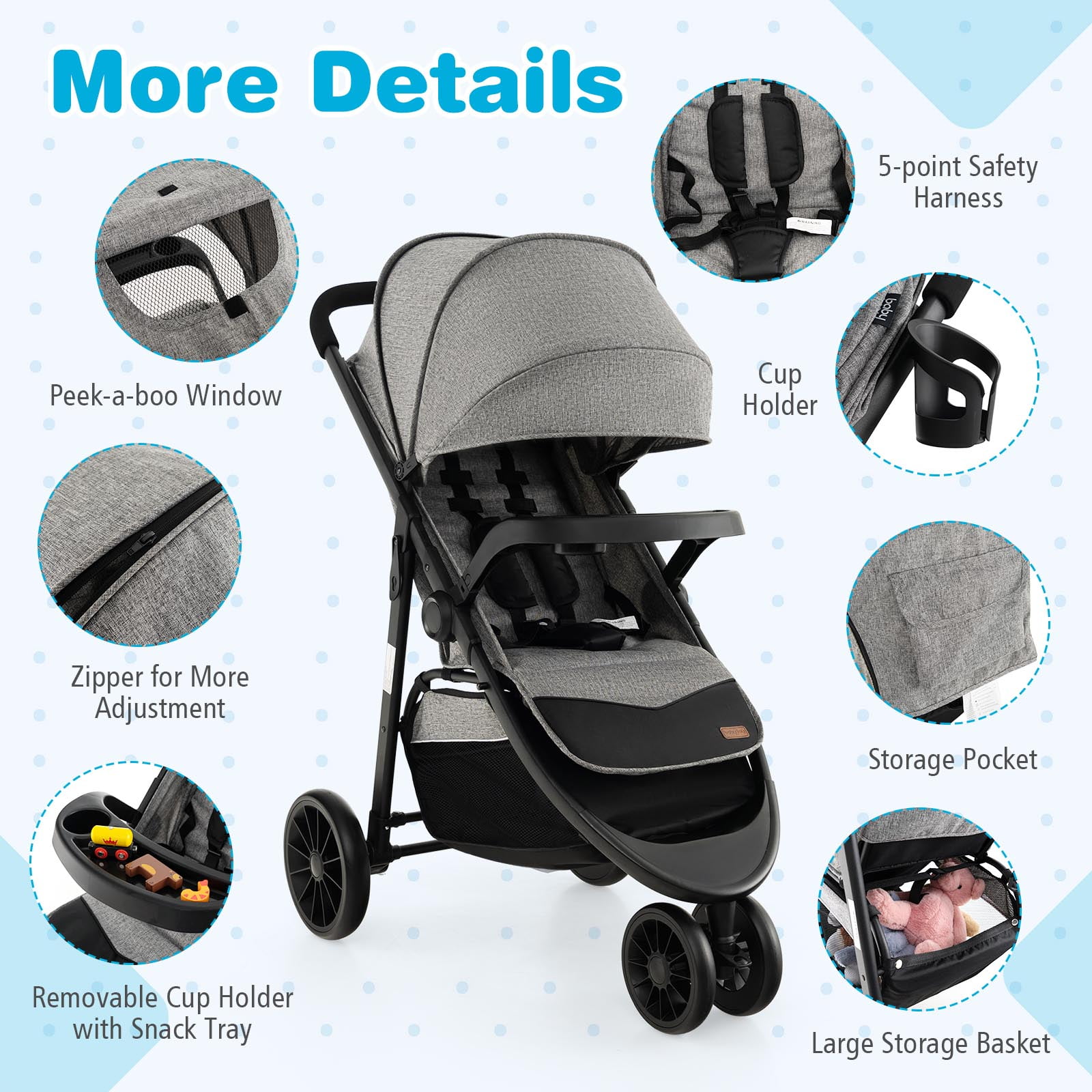 Costway Baby Jogging Stroller Jogger Travel System with Adjustable Canopy for Newborn Gray - Image 8