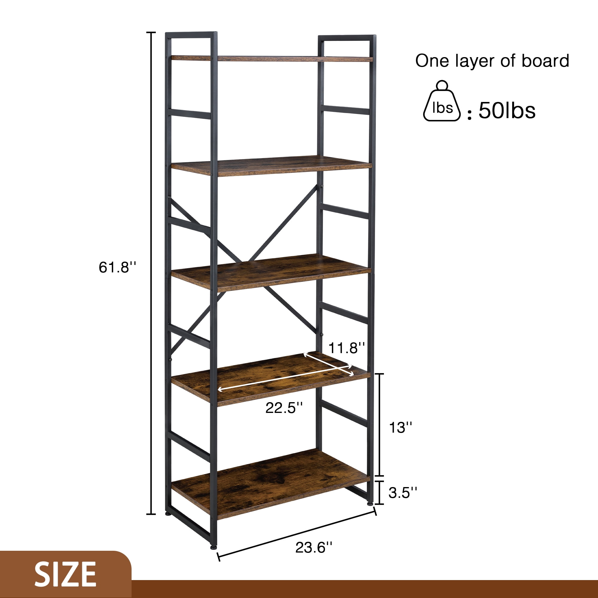 Walsunny Bookshelves Wooden Bookcases 5 Tiers H-Shaped Bookshelf with 5 Open Display Shelves Brown - Image 2