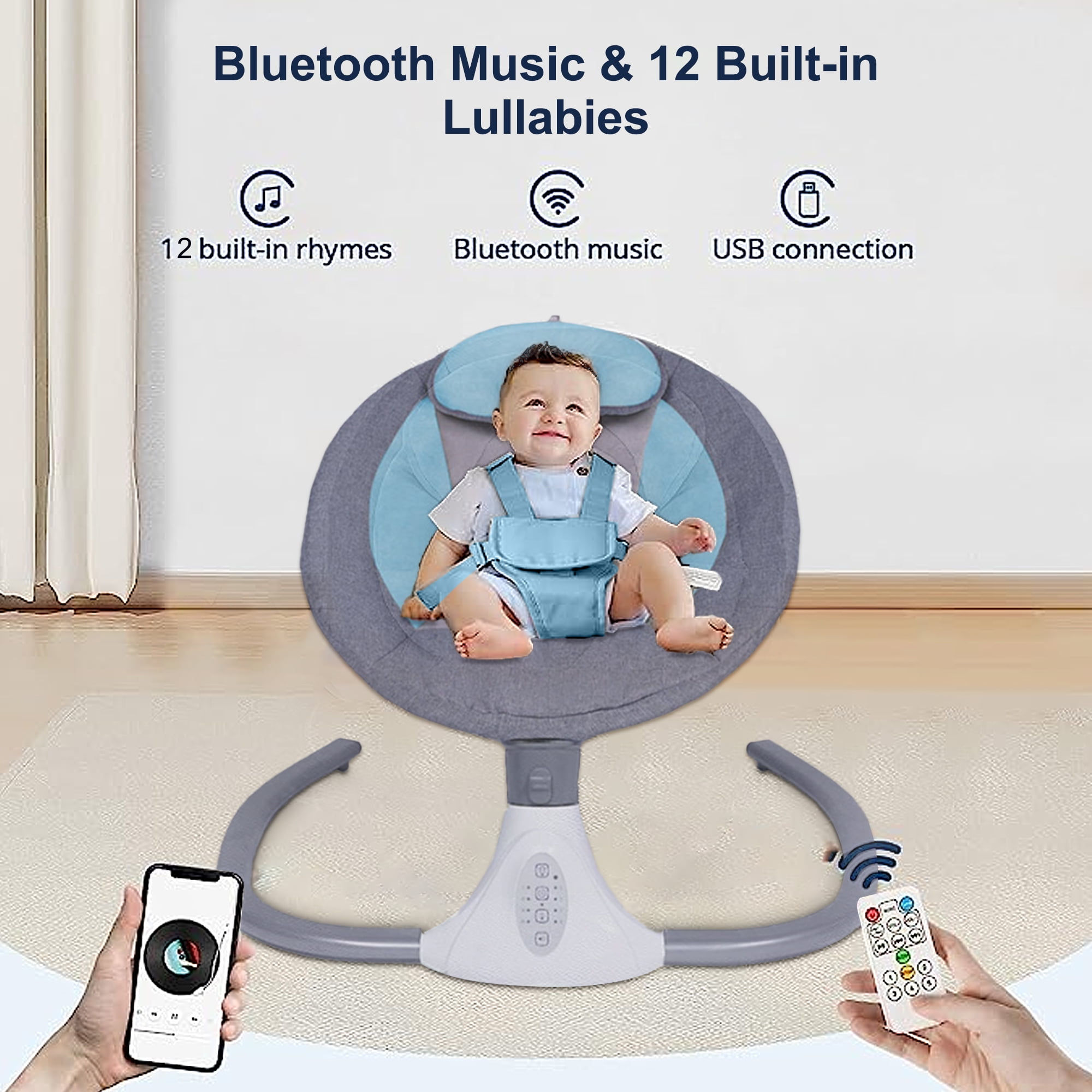 BEJOLO Electric Baby Swing for Infants, Portable Baby Bouncer with Remote Control,bluetooth Music, Blue - Image 4