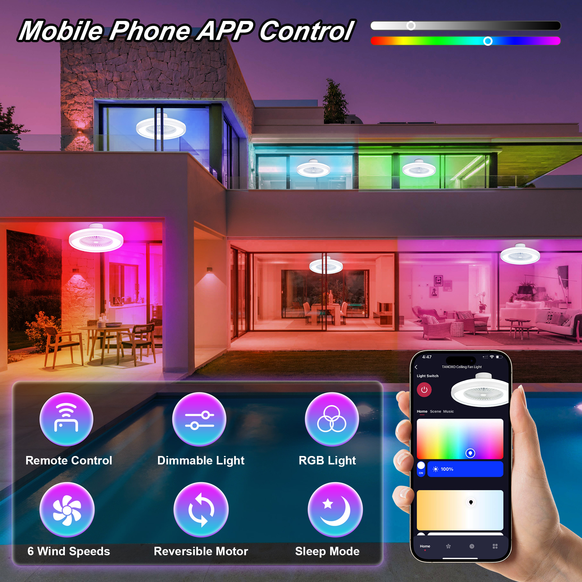 24" Ceiling Fans with RGB Light, Voice/App/Remote Control, Smart Dimmable Bladeless LED Fan Light - Image 6