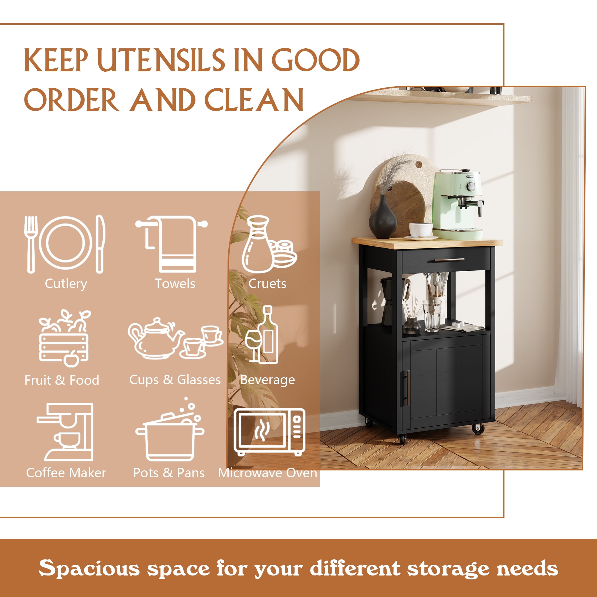 Walsunny Kitchen Island on Wheels with Storage, Kitchen Cart with Drawer and Countertop, Single Door Rolling Storage Cabinet Black - Image 3