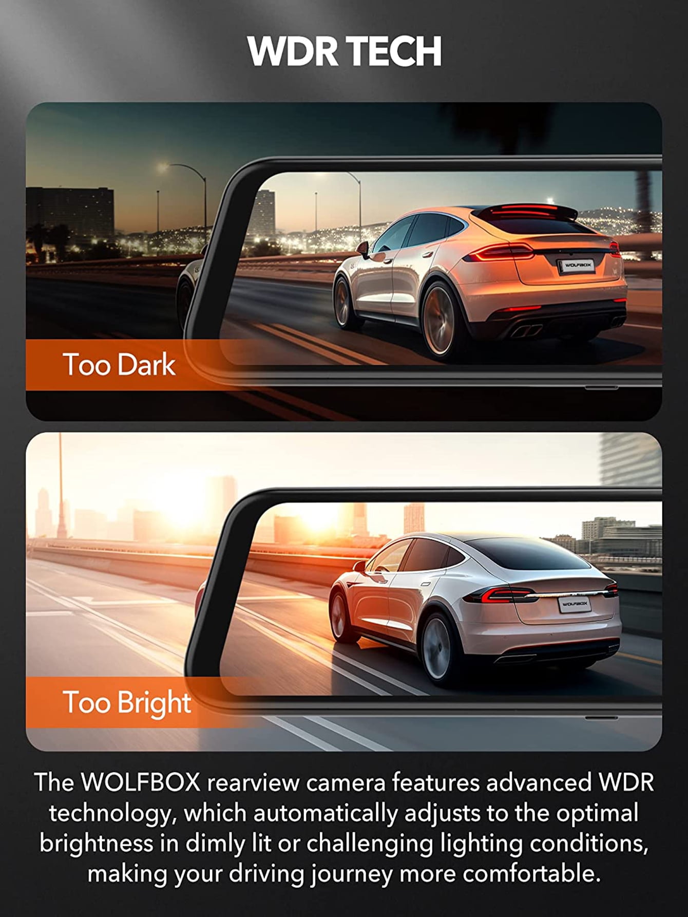 WolfBox Rear View Mirror Dash Cam, 2.5K Front + 1080P Rear Camera, 12'' Screen Mirror Car Dash Cam with Night Vision, Built-in Wi-Fi & GPS, 24H Parking Monitor, Free 32GB Card - Image 6