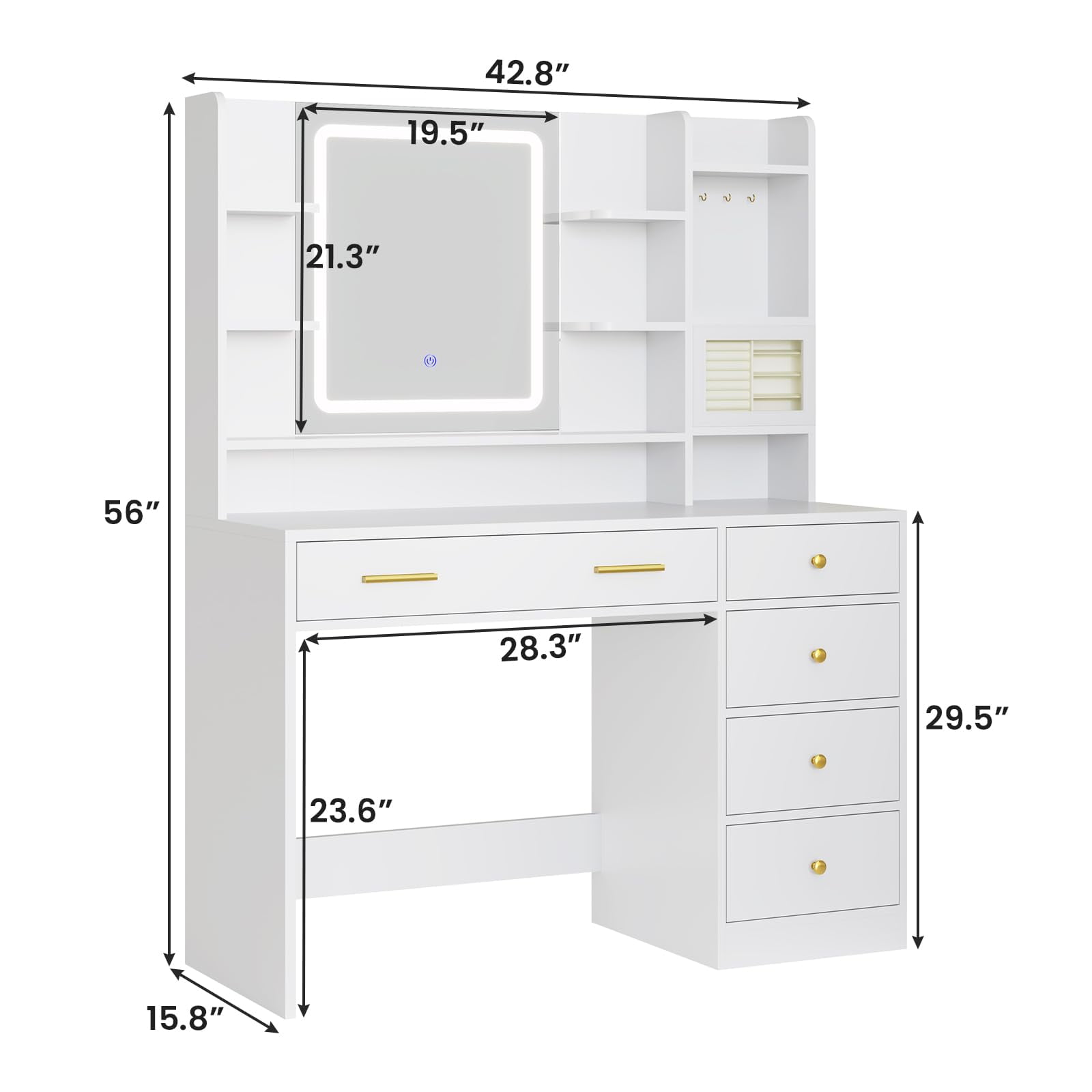 Afuhokles Vanity Desk with Lighted Mirror and Power Outlet, 6 Drawers Makeup Vanity Table with Jewelry Box, 8 Open Shelves, White - Image 5