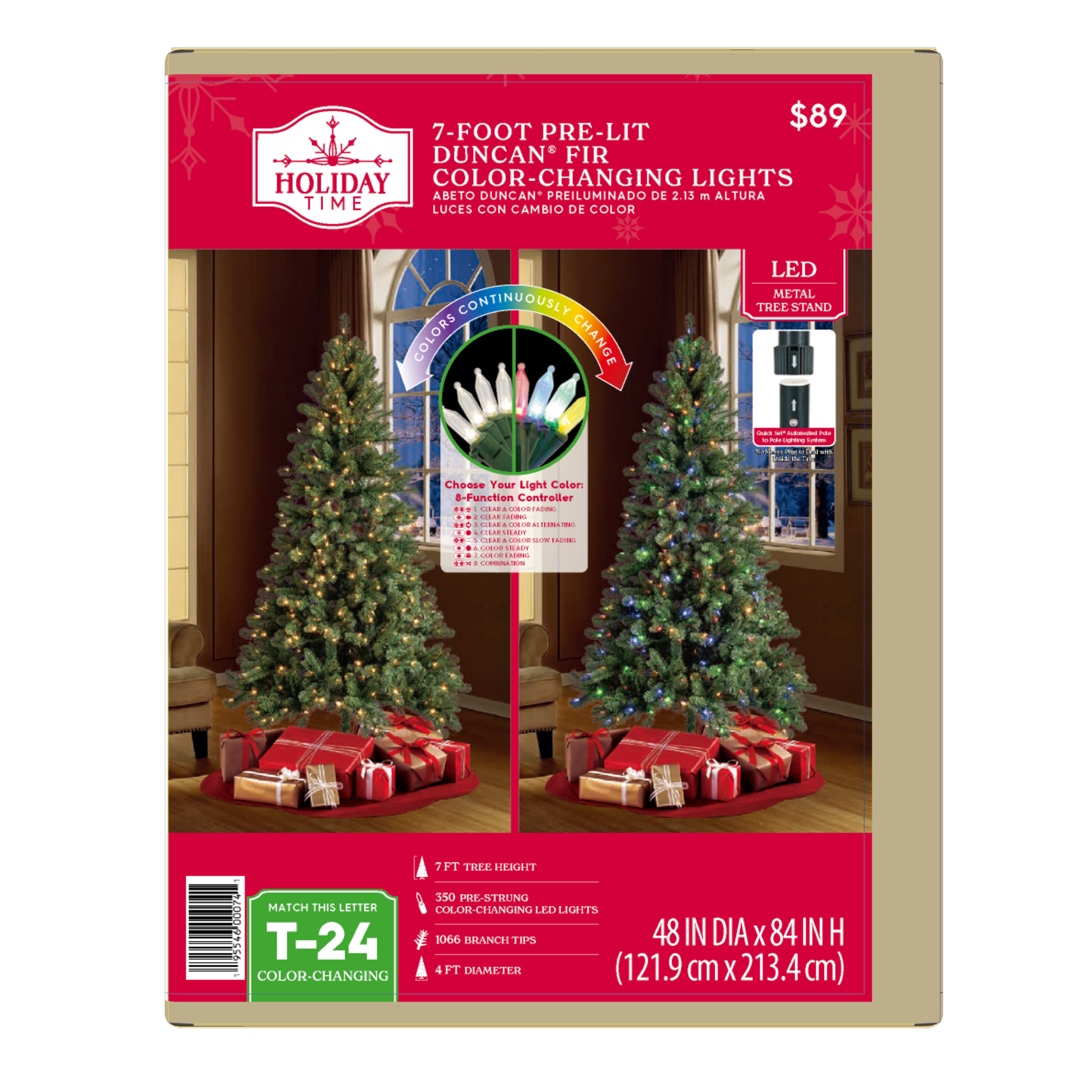 7’ Pre-Lit Duncan Fir Artificial Christmas Tree, Color-Changing LED Lights with Quick Set, by Holiday Time - Image 7