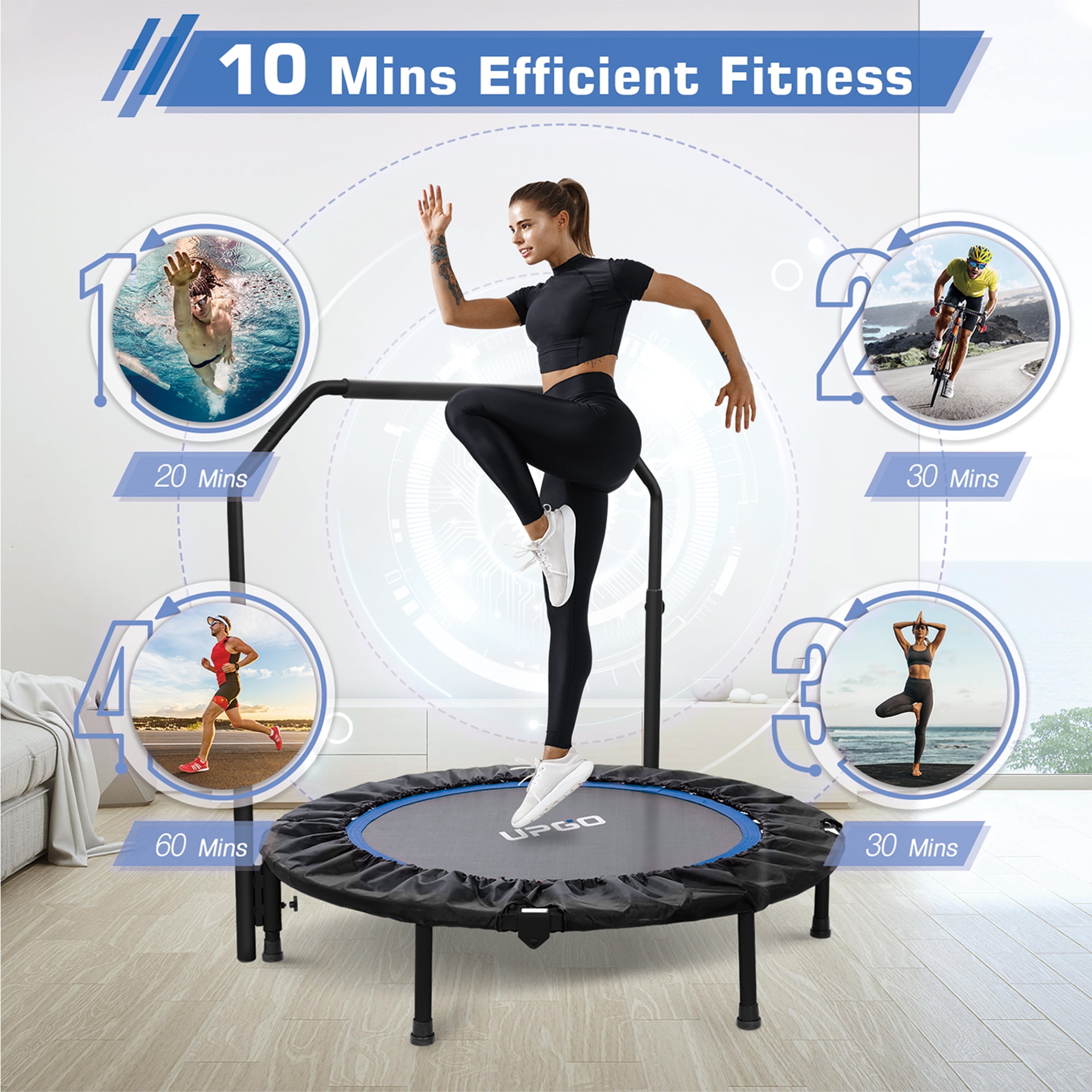 48" Foldable Mini Trampoline Max Load 450lbs, Fitness Rebounder with Adjustable Foam Handle, Exercise Trampoline for Adults/Kids Indoor/Garden Workout - Image 4