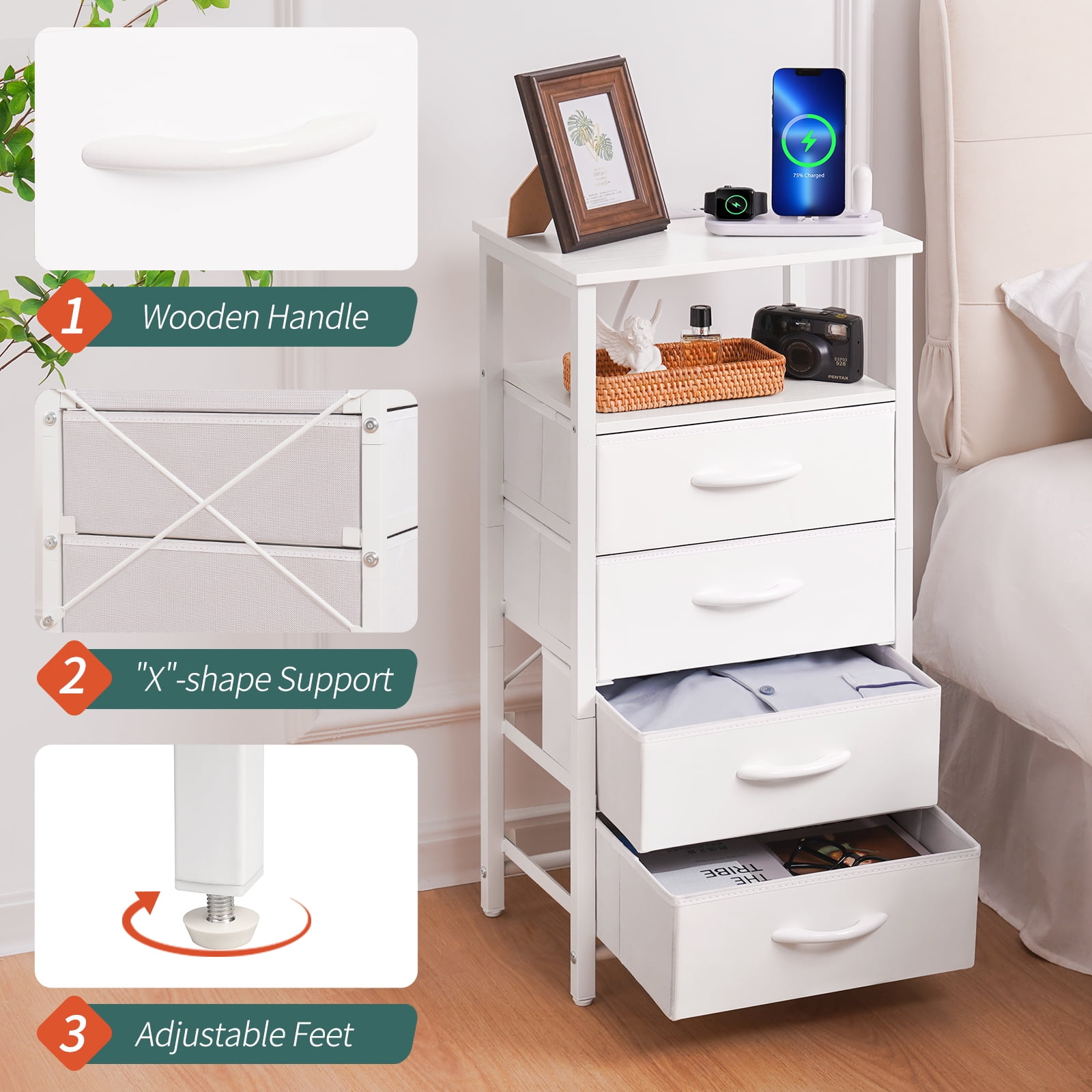 Yoobure Night Stand with Charging Station, Led Nightstand with USB Ports and Outlets, End Table with 4 Fabric Drawers and Storage Shelf, Bedside Tables Small Dresser for Small Space and Dorm - Image 5