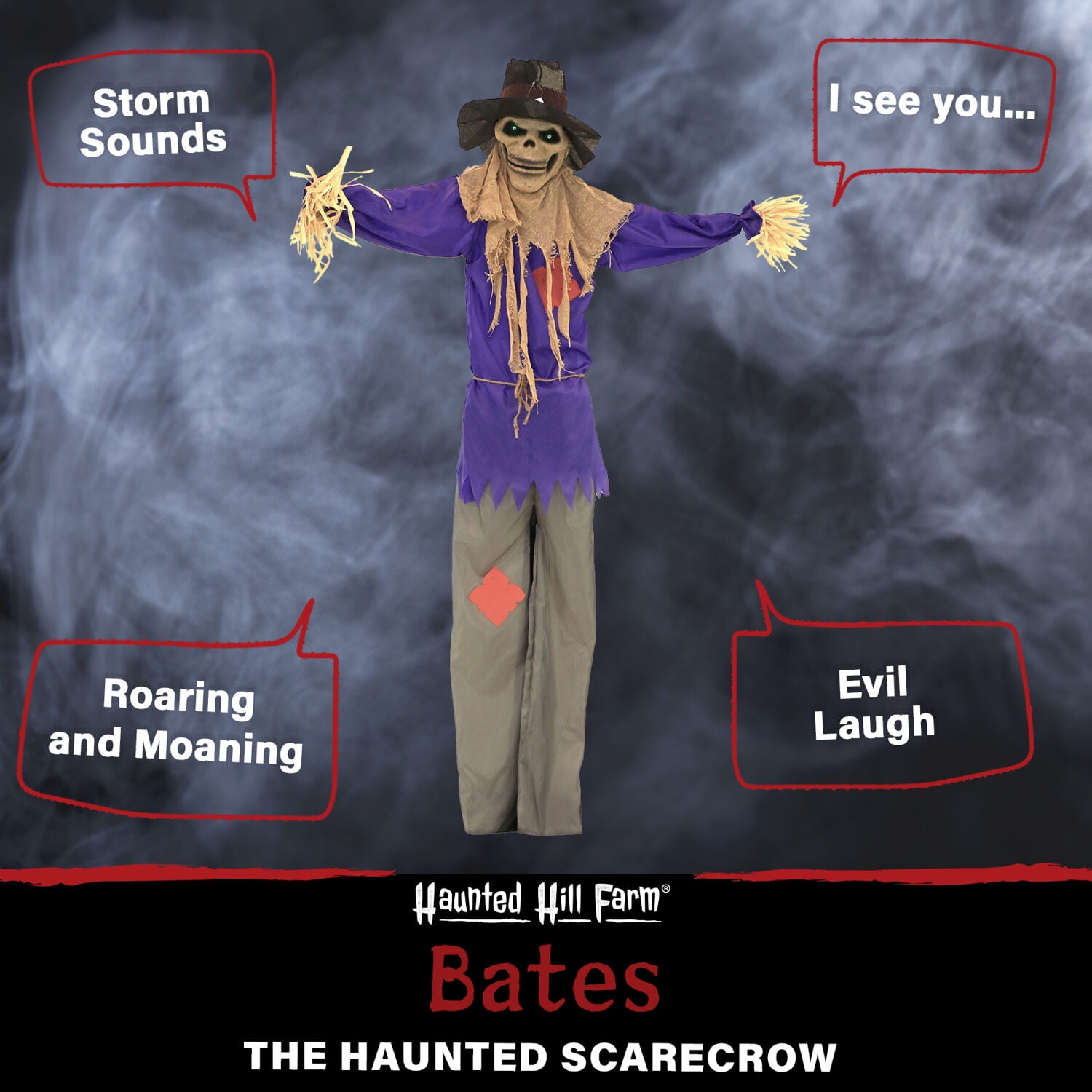 Haunted Hill Farm 6 ft Standing Halloween Scarecrow Yard Decoration with LED Green Eyes, HHSCR-5FLS - Image 5