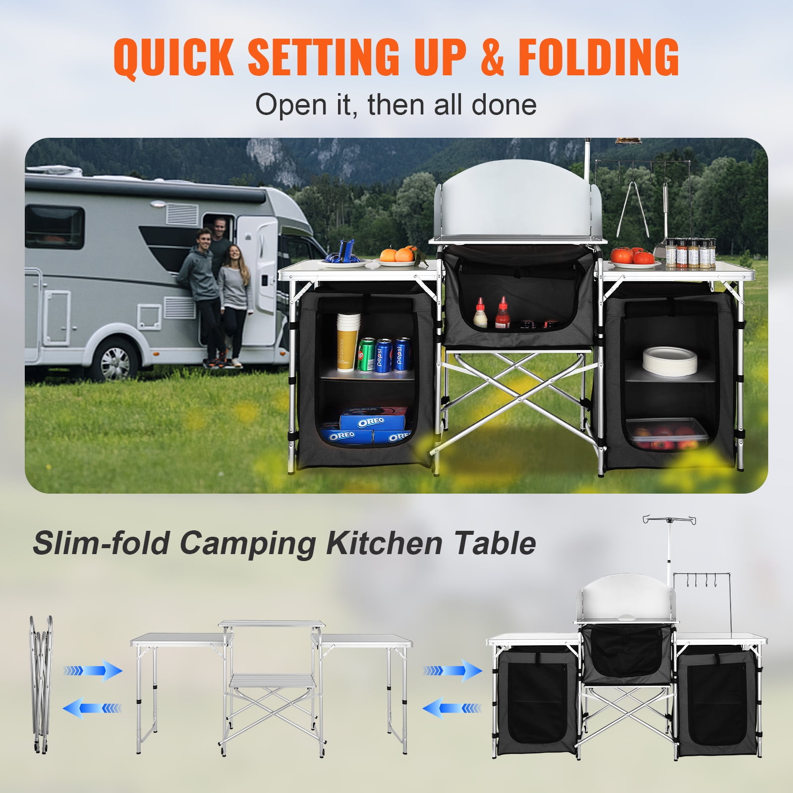 VEVOR Camping Kitchen Table Folding Portable Cook Table 3 Cupboards Black - Image 7