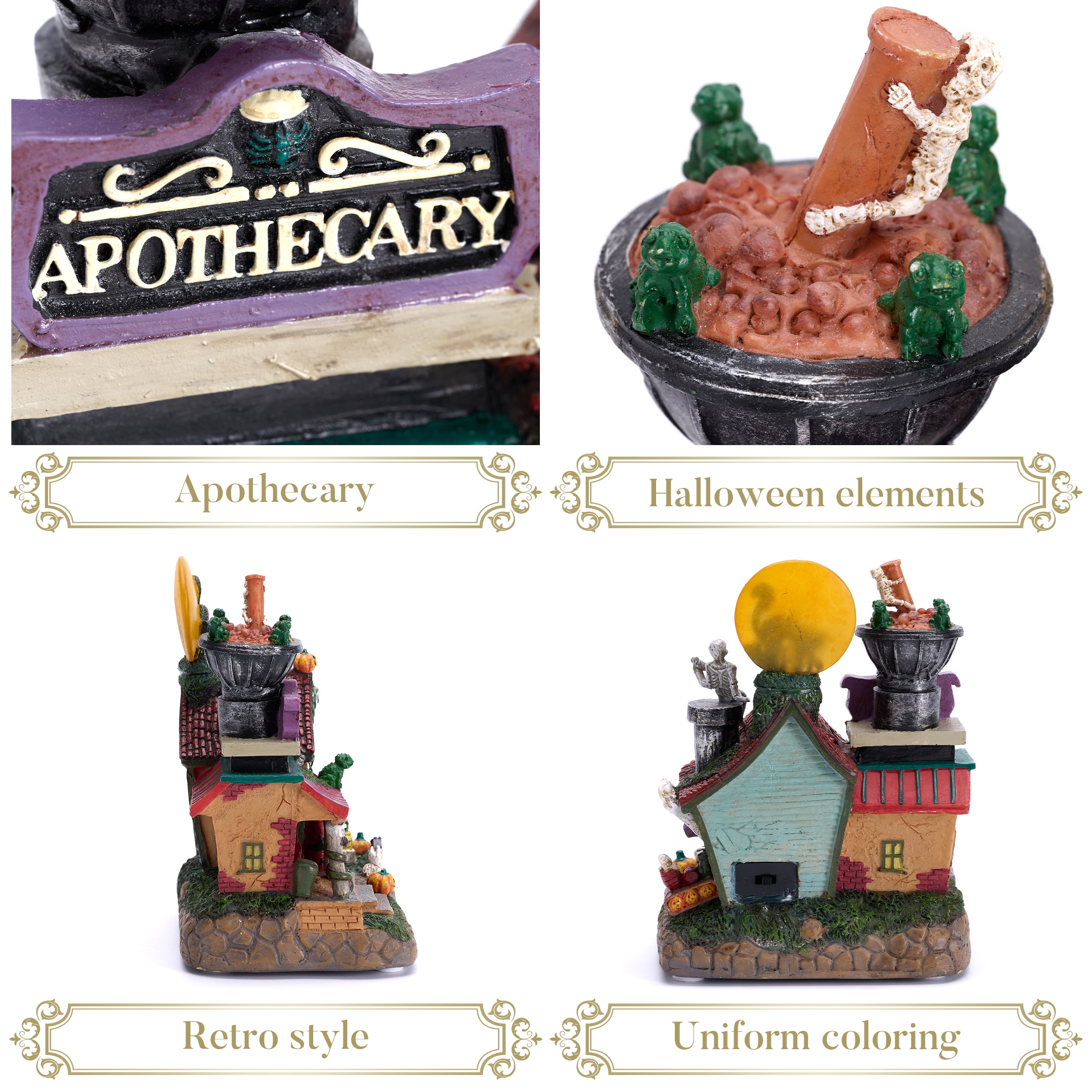 Valery Madelyn 8.08 inches Halloween Village Halloween Apothecary Haunted House Decoration with Black Cat, Skeleton, Pumpkins, Witch and Music, Lighted Halloween Village for Spooky Party Decor - Image 4