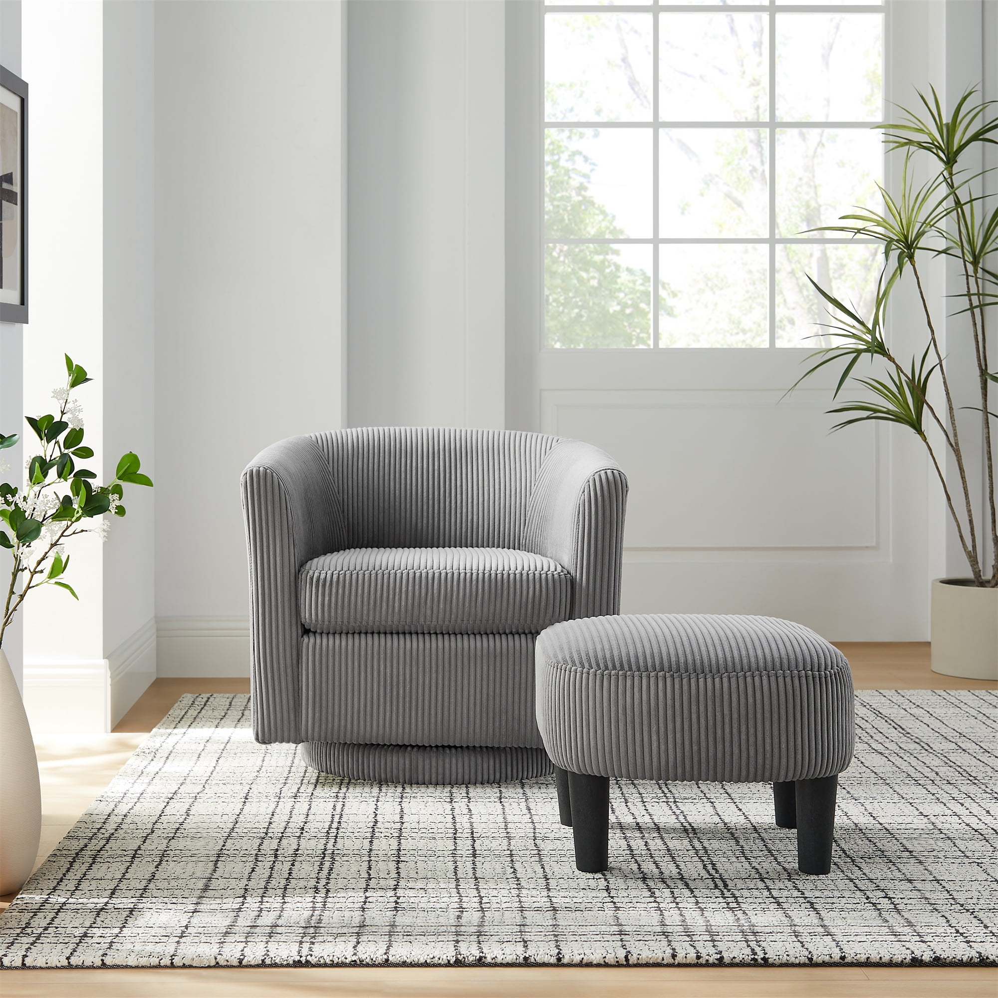 Aukfa Swivel Accent Chair with Ottoman, Corduroy Barrel Chair Read Chair for Living Room, Gray - Image 3