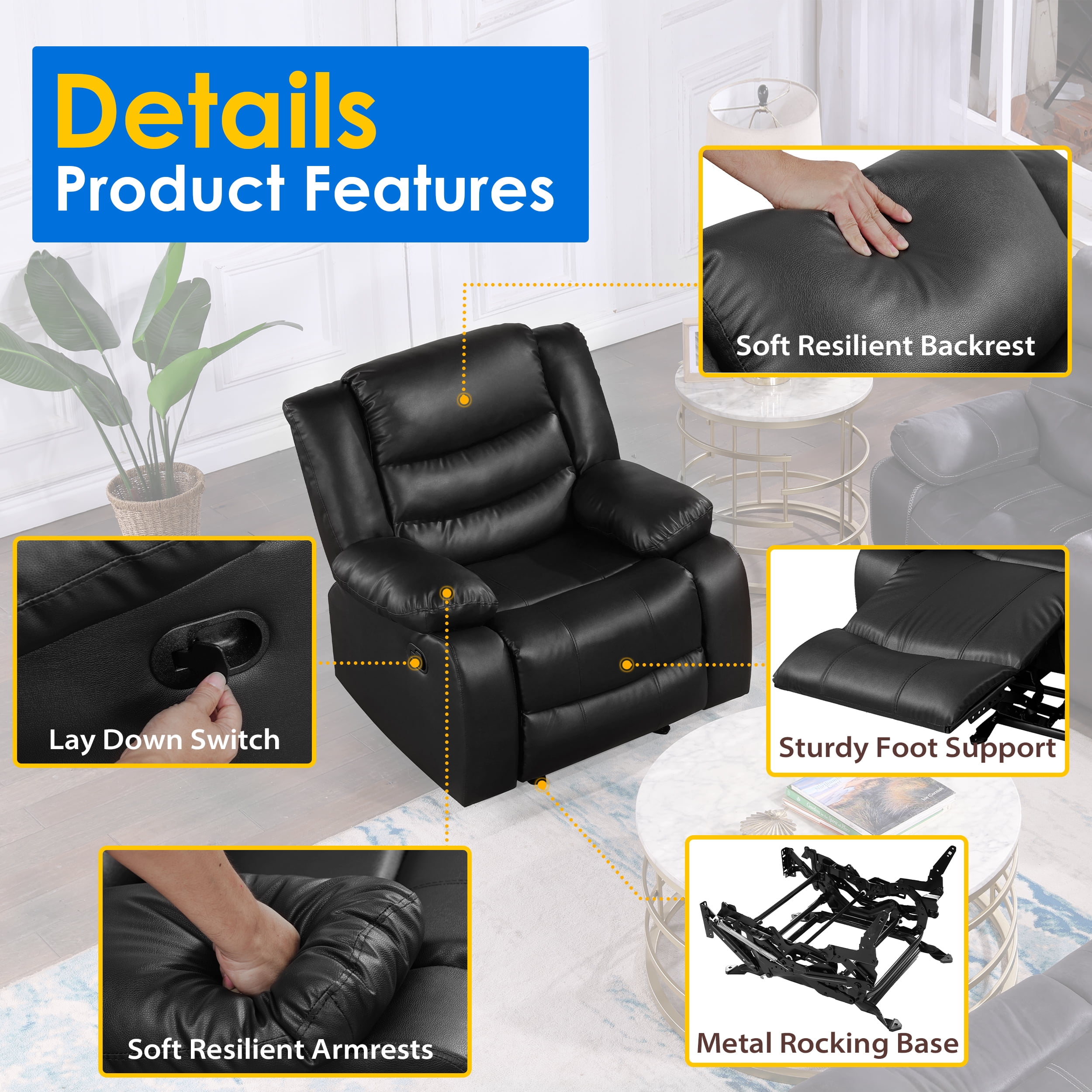 TrumanPick Recliner Chairs for Audlts, PU Leather Rocker Recliners Small Spaces Sleeper Sofa Chair for Living Room, Black - Image 3
