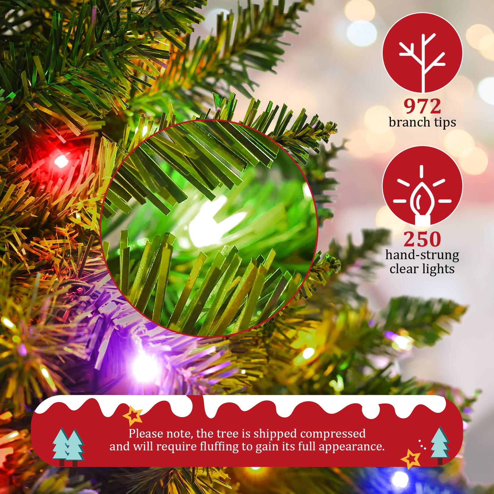 Funcid 6ft Pre-Lit Artificial Hinged Slim Pencil Christmas Tree with 250 Multi-Color Lights, 972 Branch Tips, Metal Hinges & Foldable Base, Green - Image 5