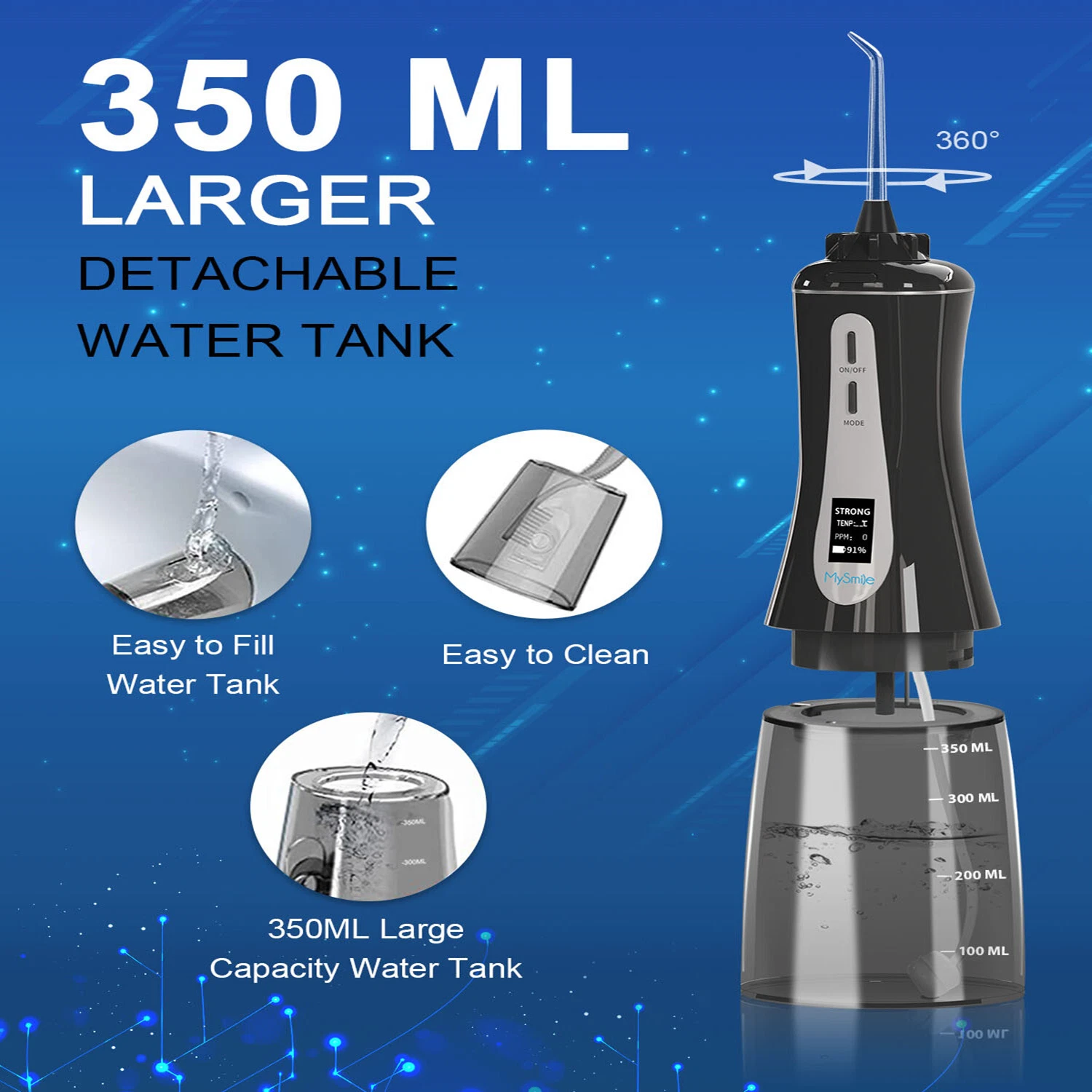 MySmile LP201 OLED Cordless Water Flosser for Teeth Braces, Gums, Dental Hygiene,350ml Large Tank, Portable Electric Oral Irrigator, 5 Modes, 8 Jet Tips, Black - Image 4