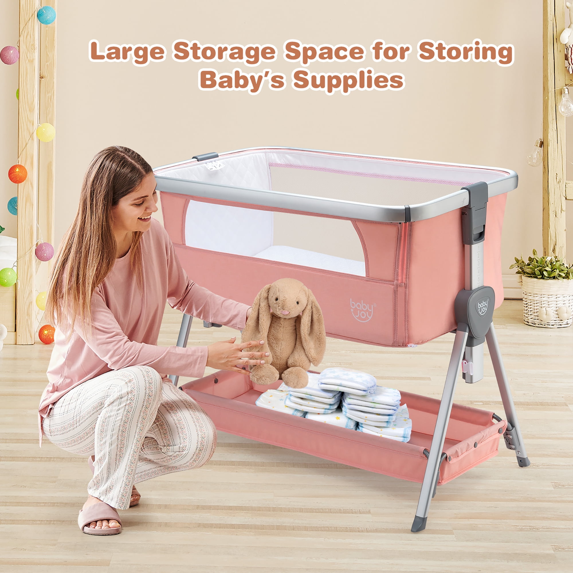 Costway Bed Side Crib Portable Adjustable Baby Infant Travel Sleeper Bassinet Peach - Image 6
