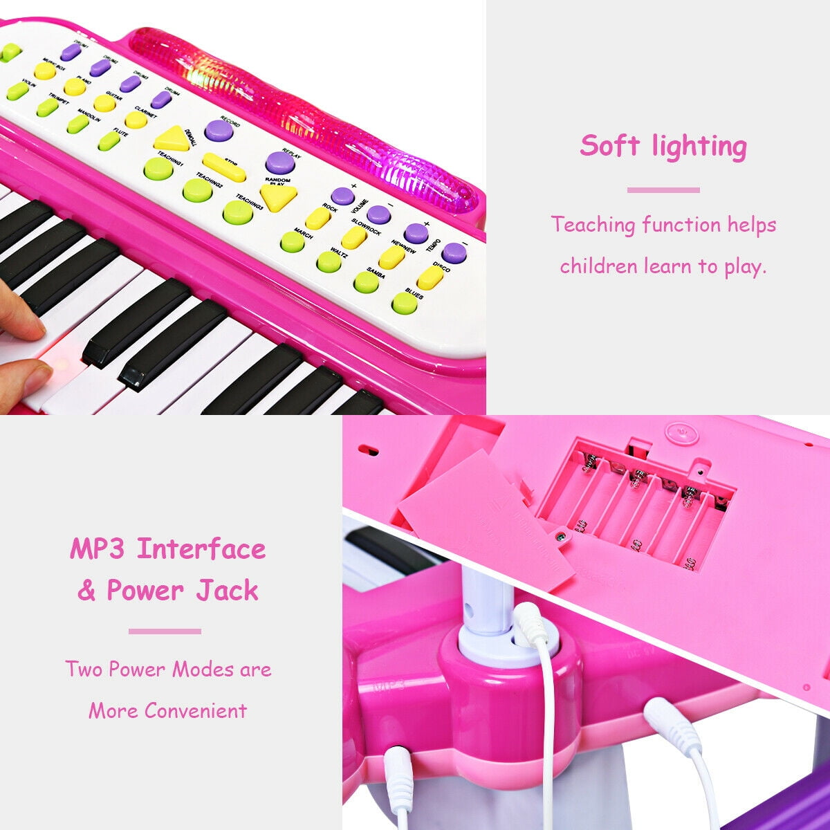 Costway 37 Key Electronic Keyboard Kids Toy Piano MP3 Input with Microphone and Stool Pink - Image 5