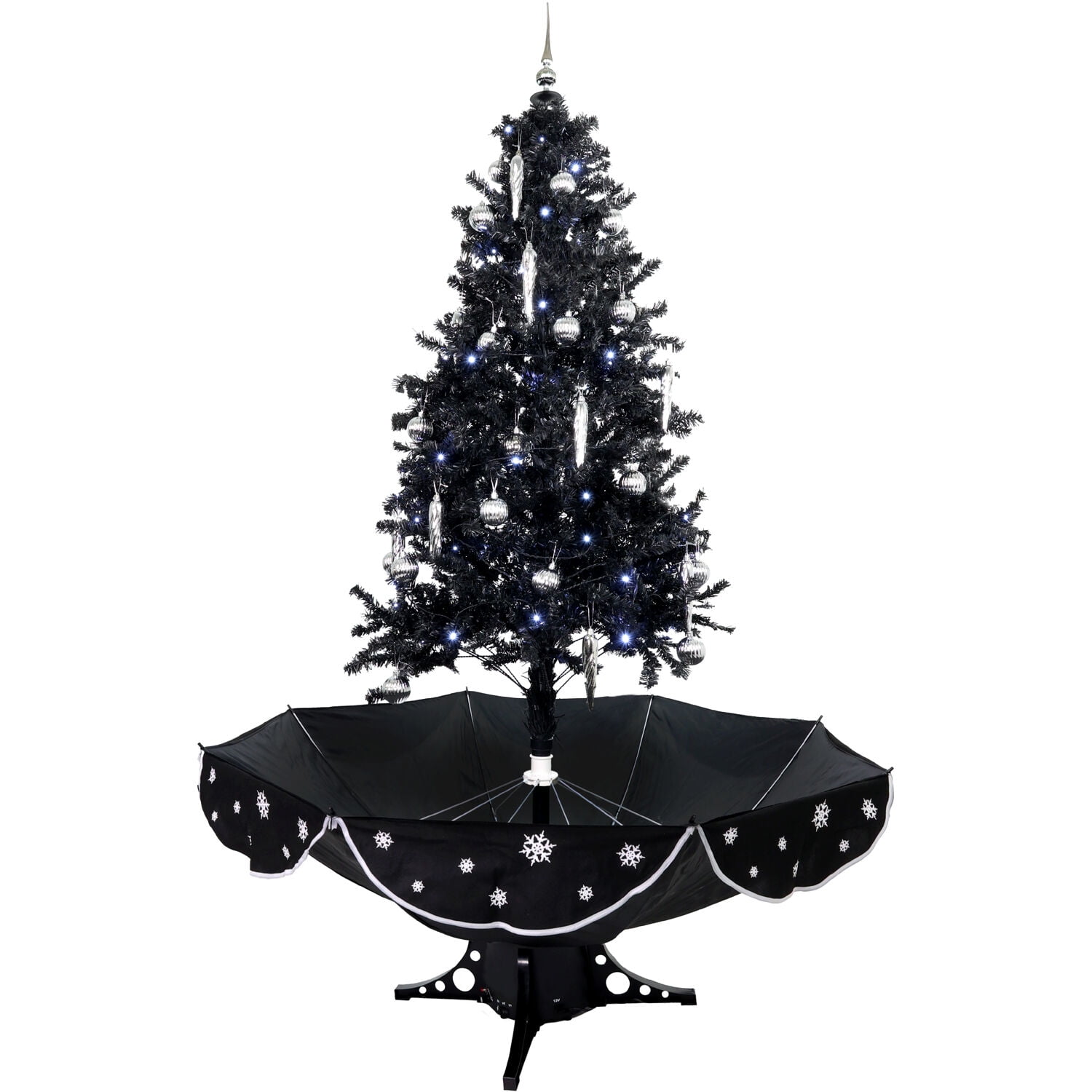 Fraser Hill Farm White Prelit LED Black Decorated Pine Musical Christmas Tree, with Umbrella Base 6.25' - Image 3