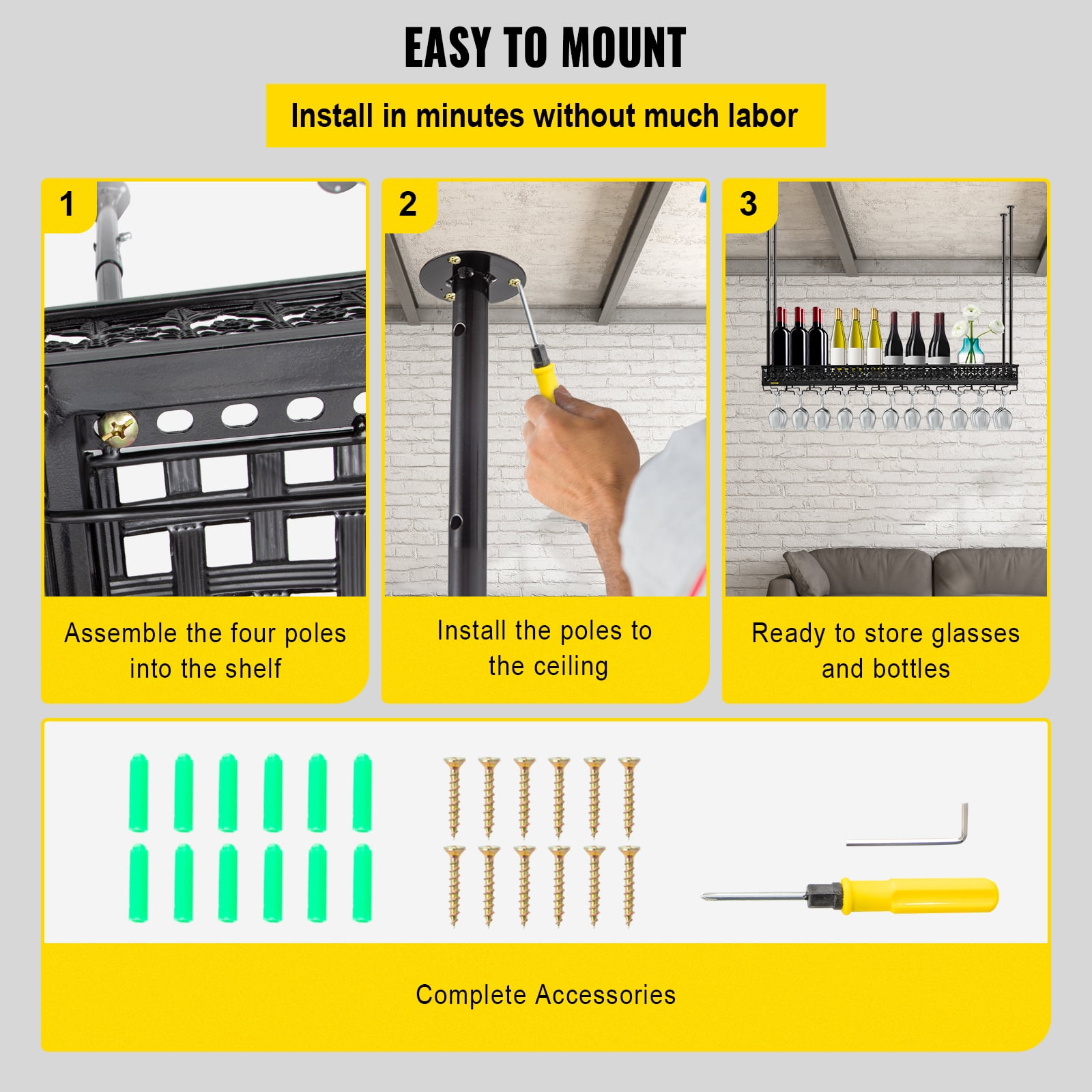 VEVOR Ceiling Wine Glass Rack, 46.9 x 13 inch Hanging Wine Glass Rack, 18.9-35.8 inch Height Adjustable Hanging Wine Rack Cabinet, Black Wall-Mounted Wine Glass Rack Perfect for Bar Cafe Kitchen - Image 5